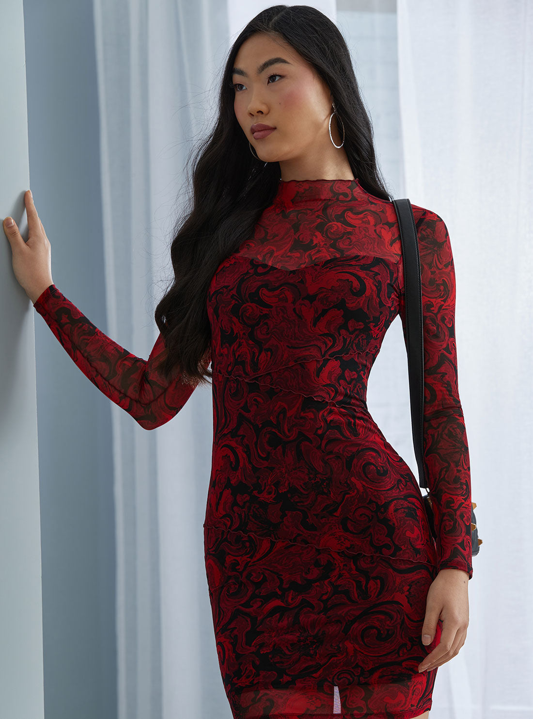 GUESS Womens Red Rose Mirage Print Jemma Mini Dress W2RK24KA4L1 Lifestyle View