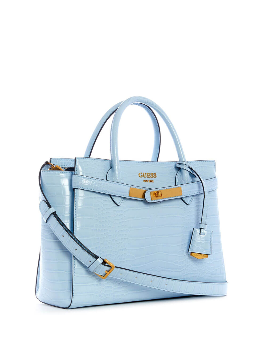 GUESS Women's Blue Croc Enisa High Society Satchel CA842106 Front Side View