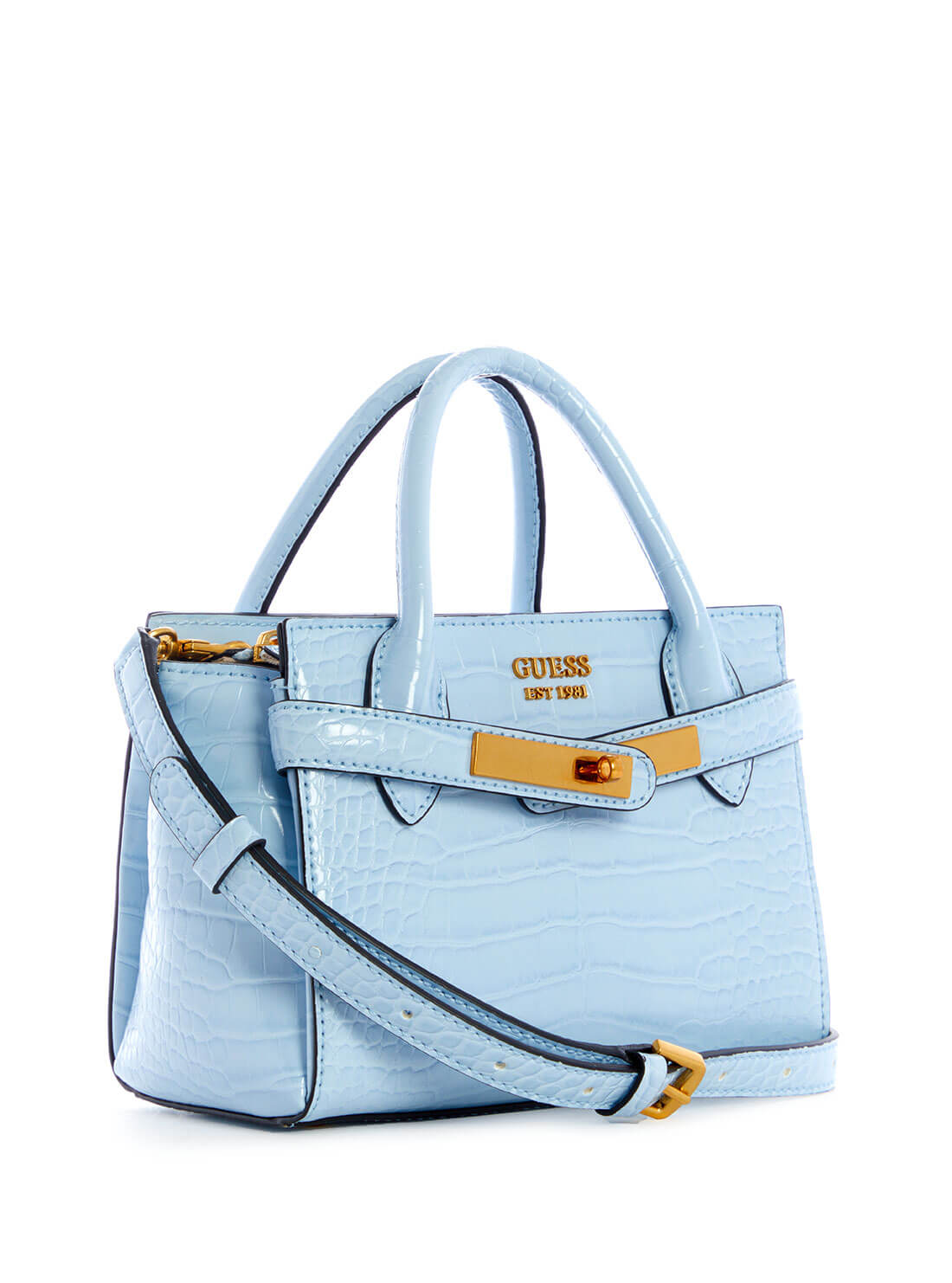 GUESS Women's Blue Croc Enisa Mini Satchel CA842176 Front Side View