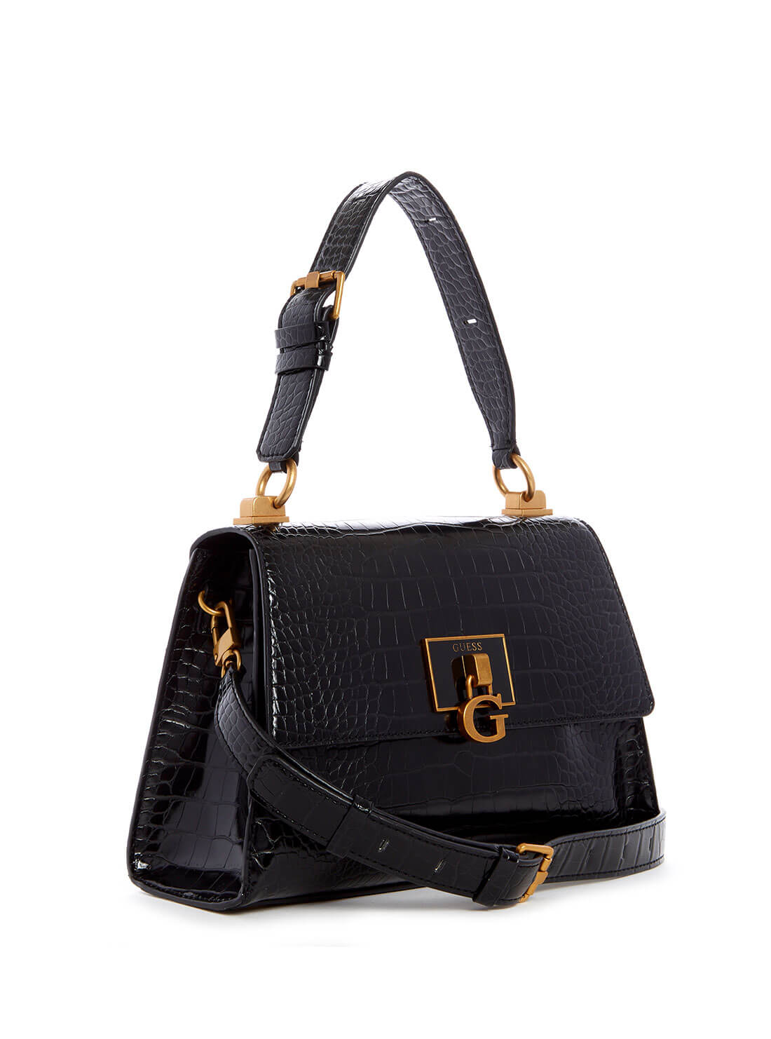 GUESS Womens  Black Croc Stephi Shoulder Bag CB787520 Front Side View