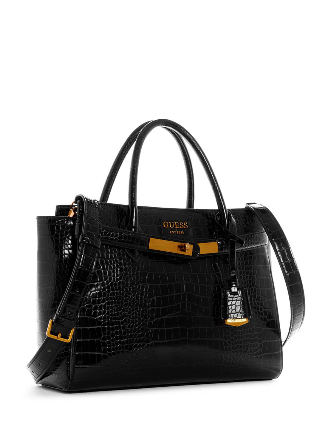 GUESS Womens  Black Croc Enisa High Society Satchel CB842106 Front Side View