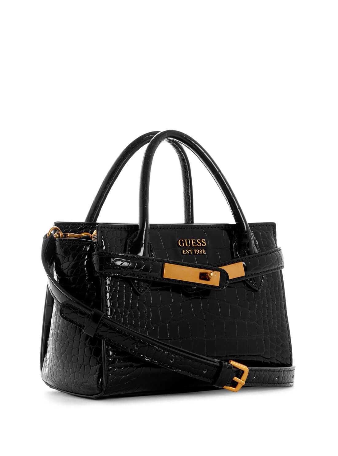GUESS Womens  Black Croc Enisa Mini Satchel CB842176 Front Side View