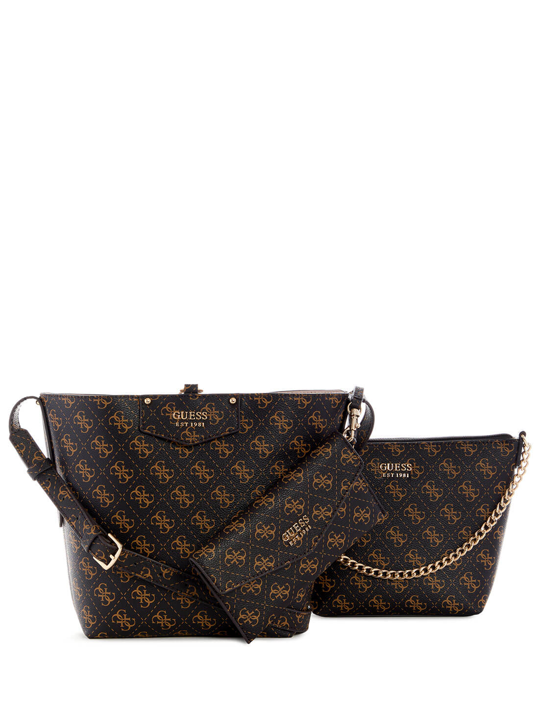 GUESS Women's Eco Black Brown Brenton Bucket Bag ESG839001 Front Clutch View