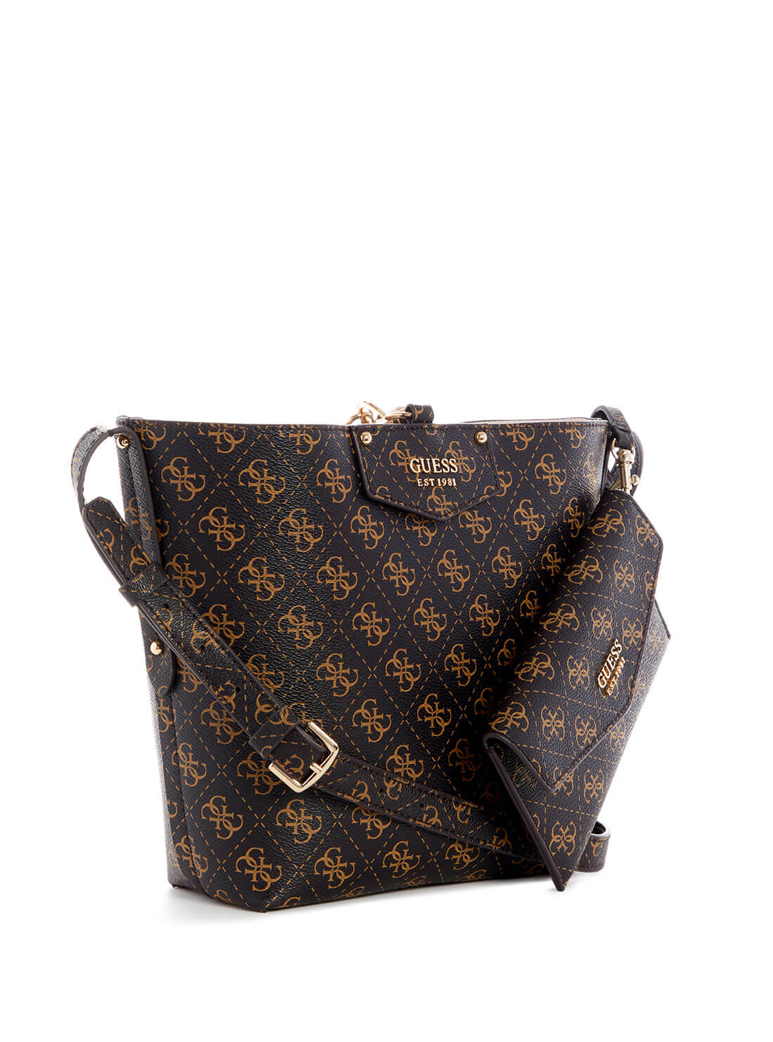 GUESS Women's Eco Black Brown Brenton Bucket Bag ESG839001 Front Side View