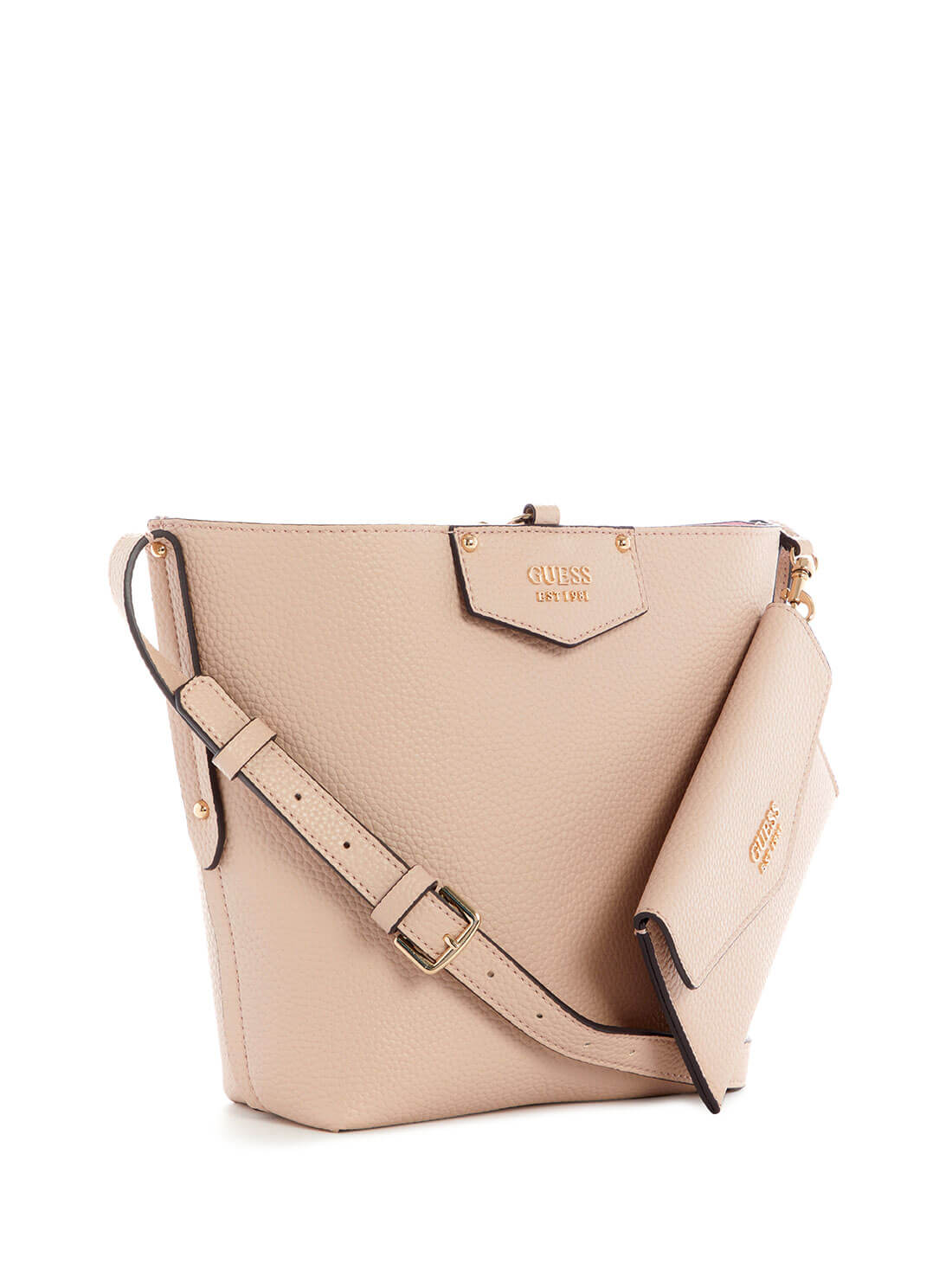 GUESS Women's Eco Pink Brenton Bucket Bag EVG839001 Front Side View