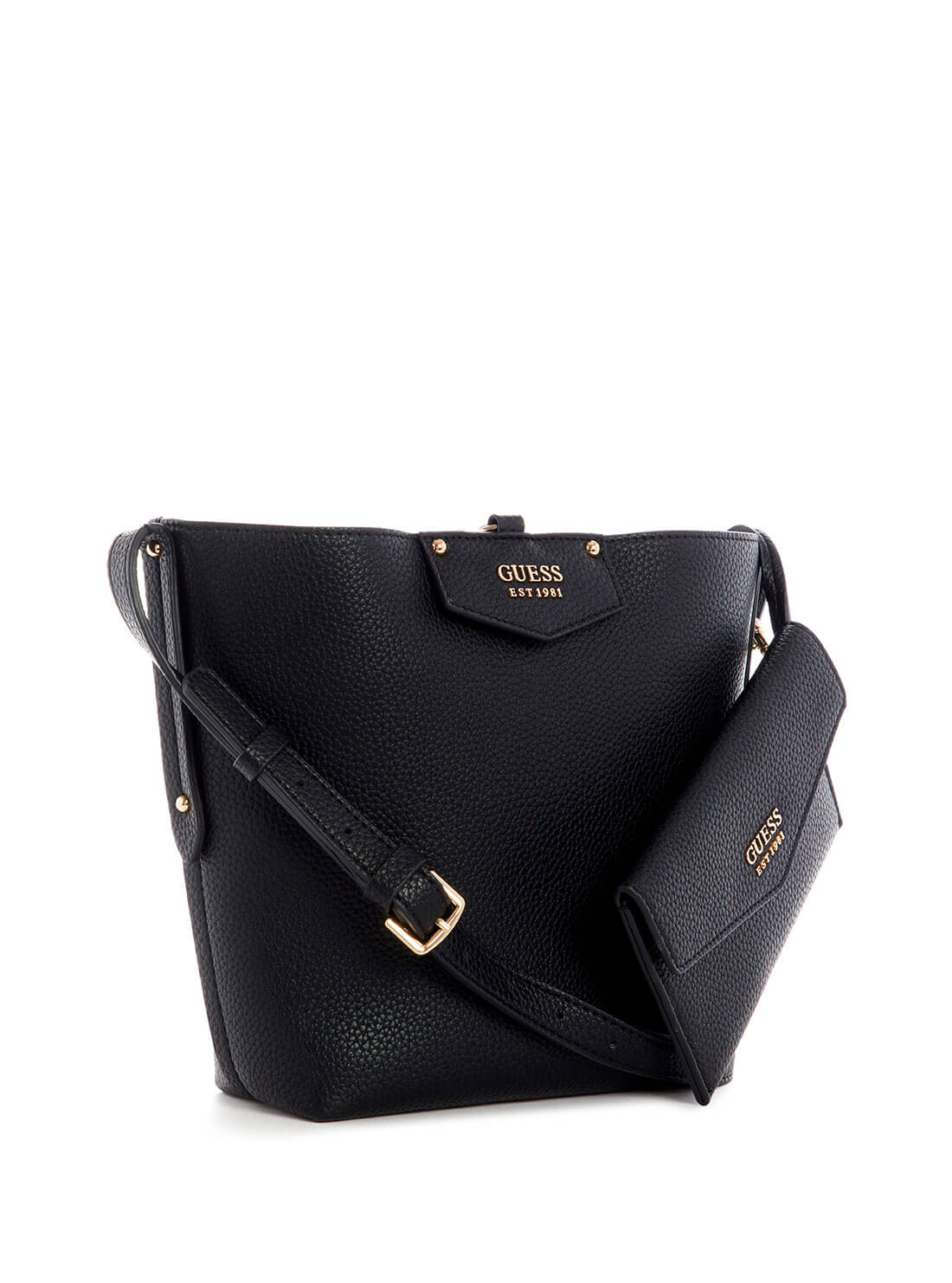 GUESS Women's Eco Black Brenton Bucket Bag EVG839001 Front Side View