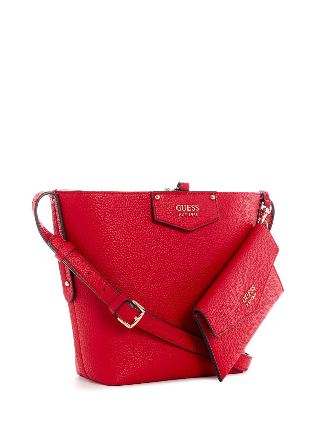 GUESS Women's Eco Red Brenton Bucket Bag EVG839001 Front Side View