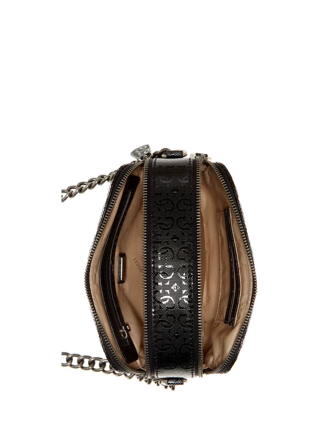 GUESS Womens Patent Black Noelle Crossbody Camera Bag    GN787914 Inside View