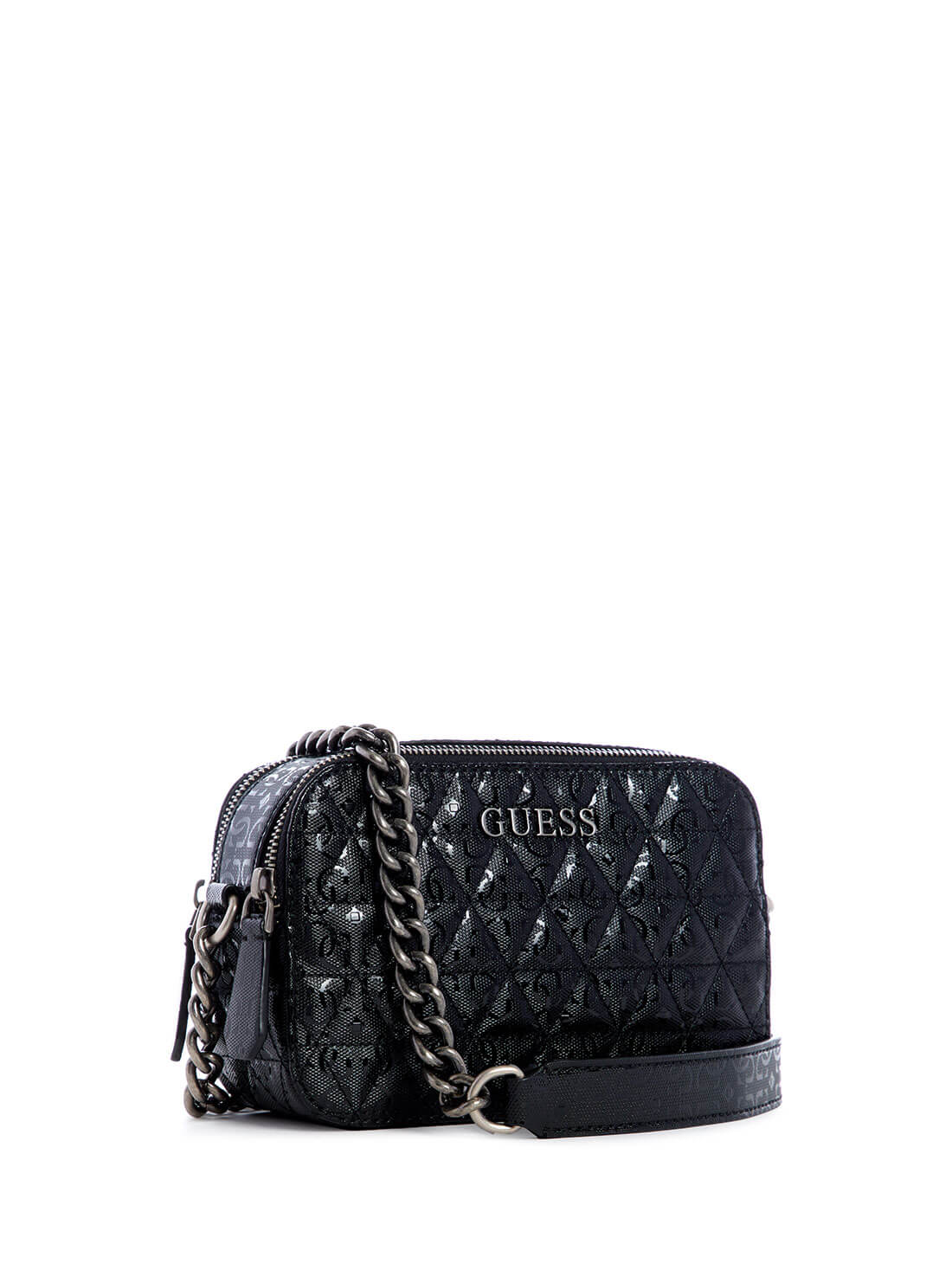 GUESS Womens Patent Black Noelle Crossbody Camera Bag    GN787914 Side View