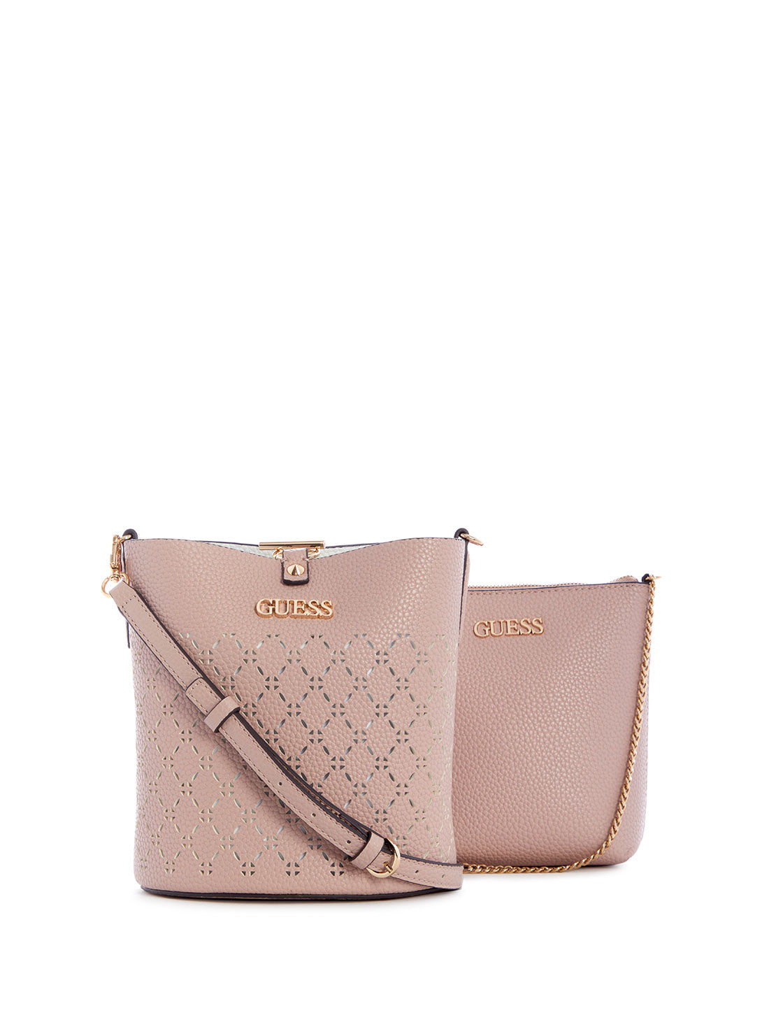 GUESS Womens Biscuit Pink Amara Bucket Bag XG849301 Front Clutch View