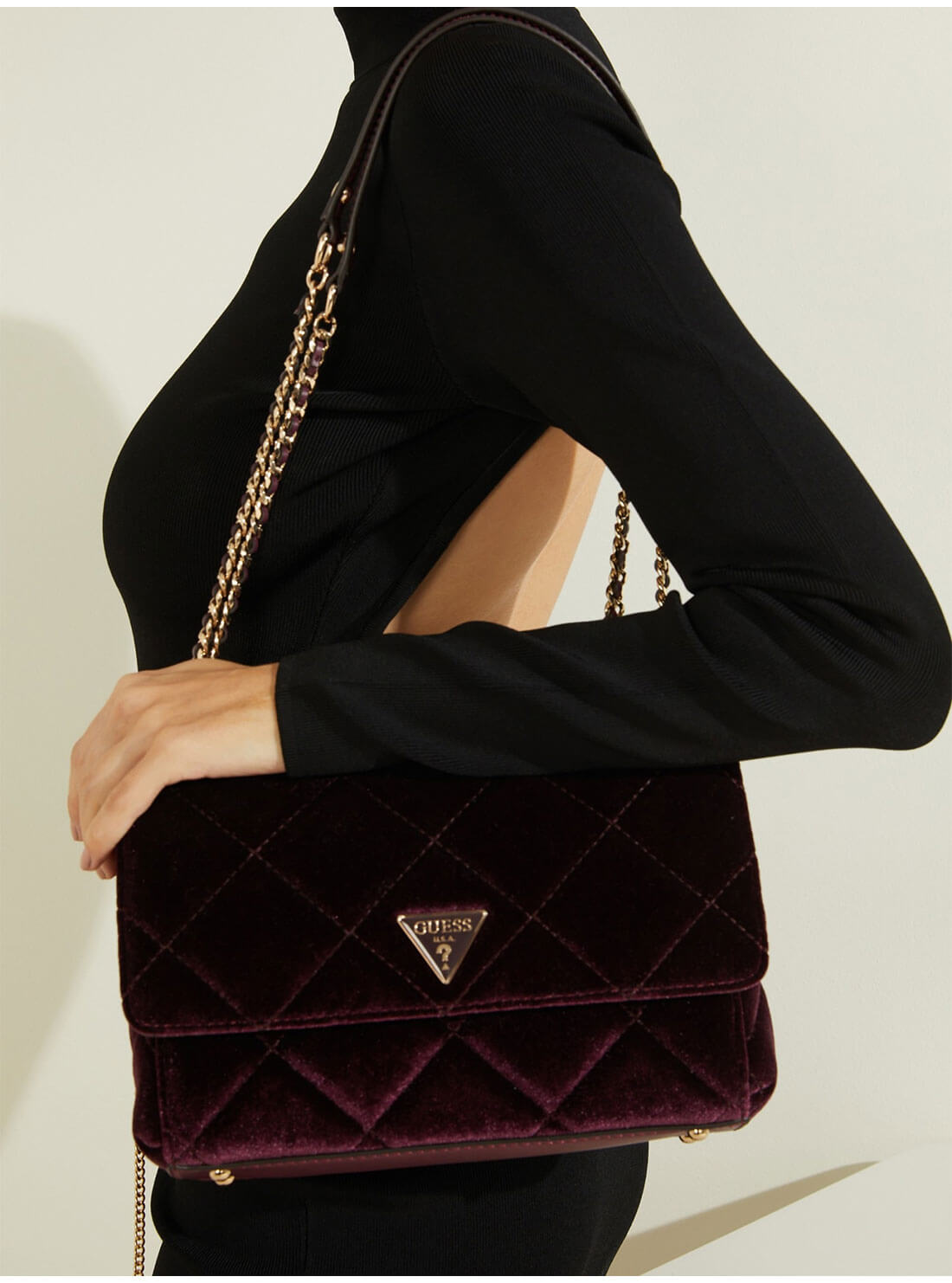 GUESS Womens Eggplant Cessily Velvet Satchel XG767921 Model Side View
