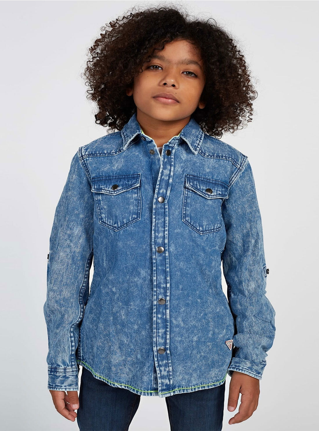 GUESS Big Boys Denim Shirt In Vintage Blue Wash (7-16) L2RH03D4A00 Model Front View
