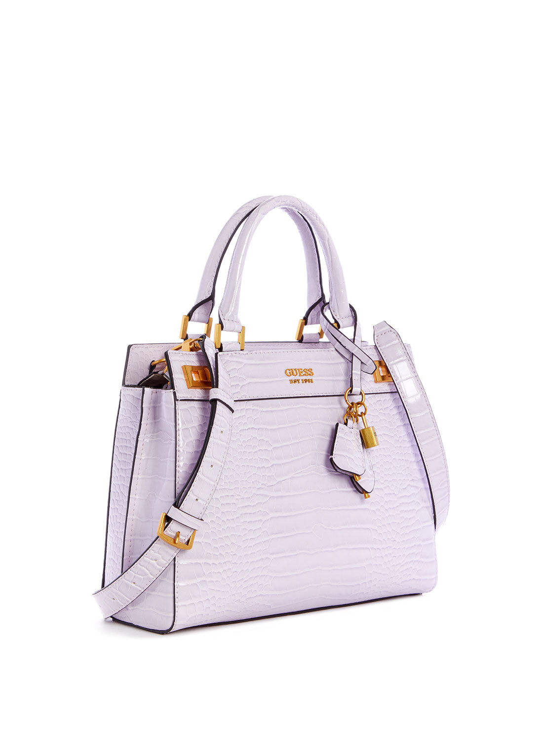 GUESS Women's Lilac Katey Croc Luxury Satchel CA849426 Front Side View