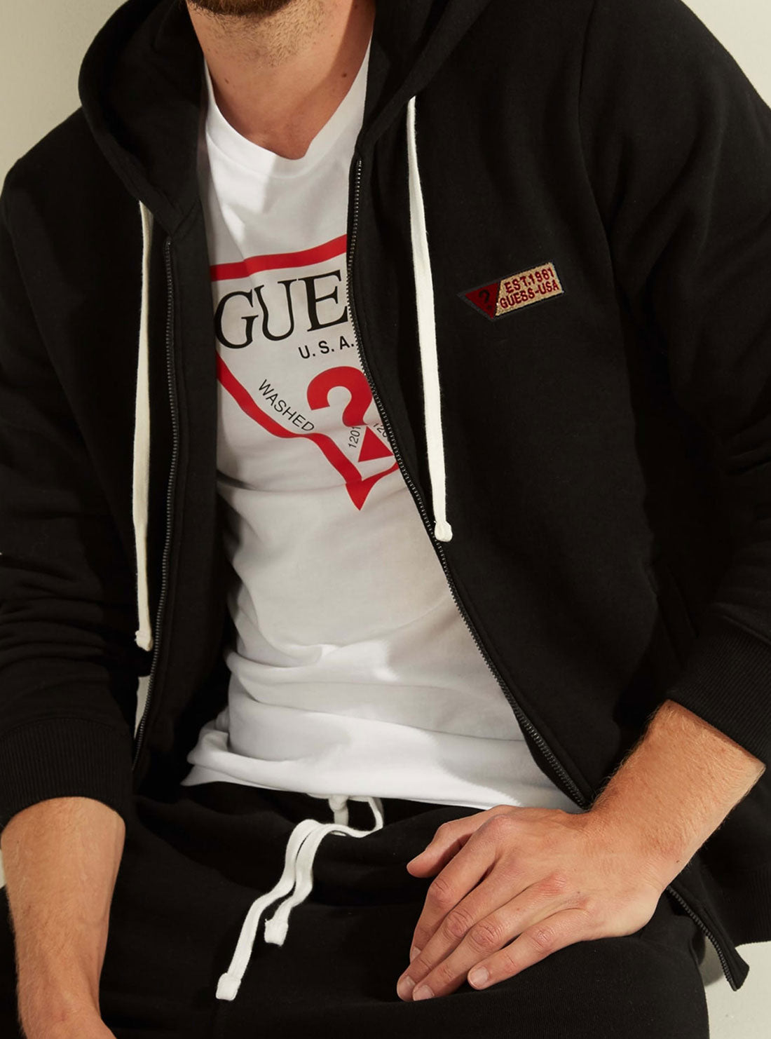 GUESS Mens Eco Black Roy Zip Hoodie Jacket M0GQ35R44Q7 Detail View