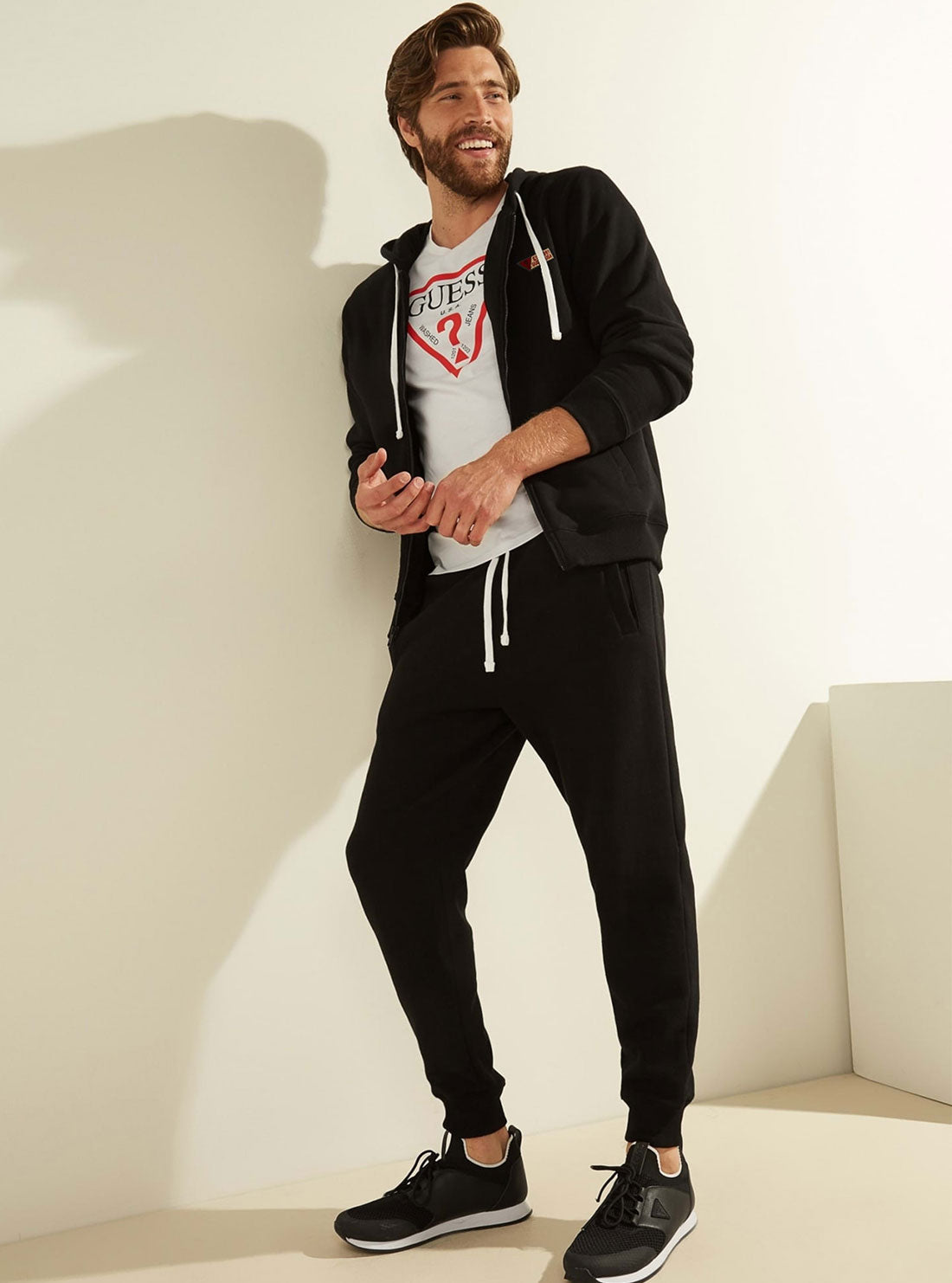 GUESS Mens Eco Black Roy Zip Hoodie Jacket M0GQ35R44Q7 Full View