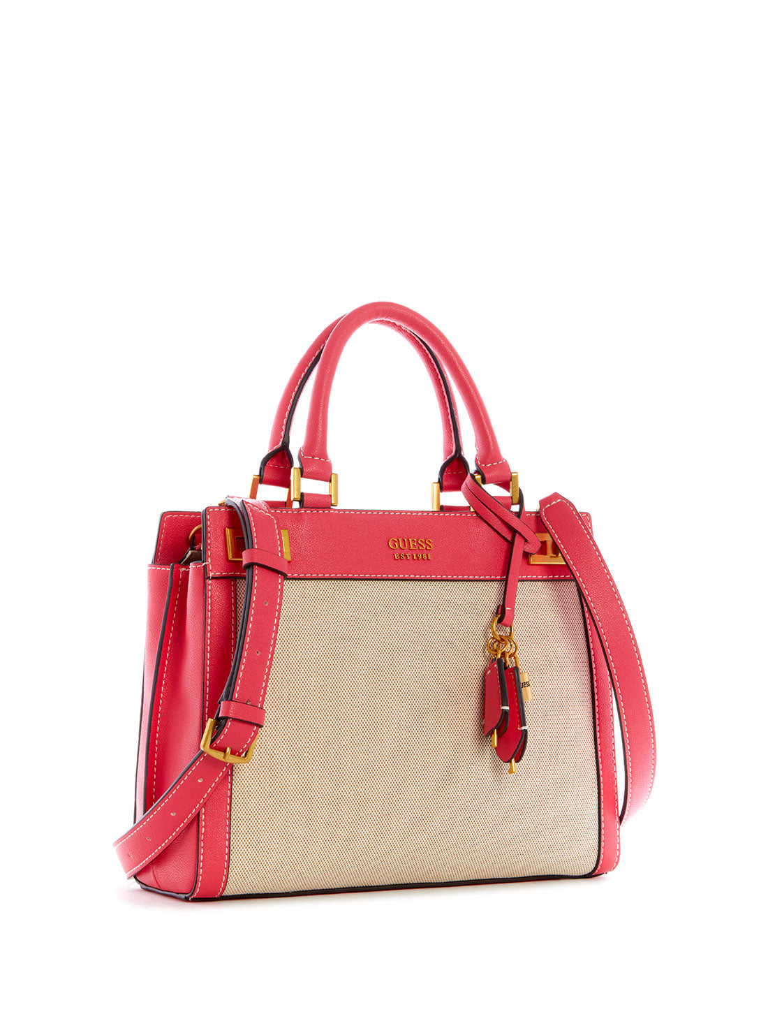 GUESS Womens Natural Camelia Pink Katey Canvas Luxury Satchel HA787026 Angle View