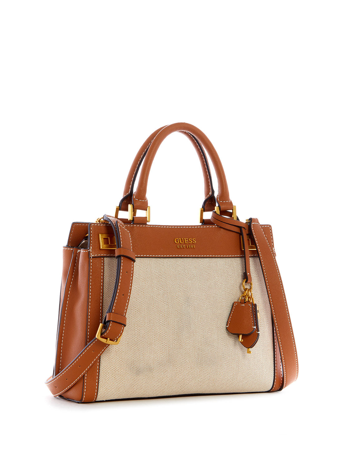 GUESS Womens Cognac Brown Katey Canvas Luxury Satchel HA787026 Side View