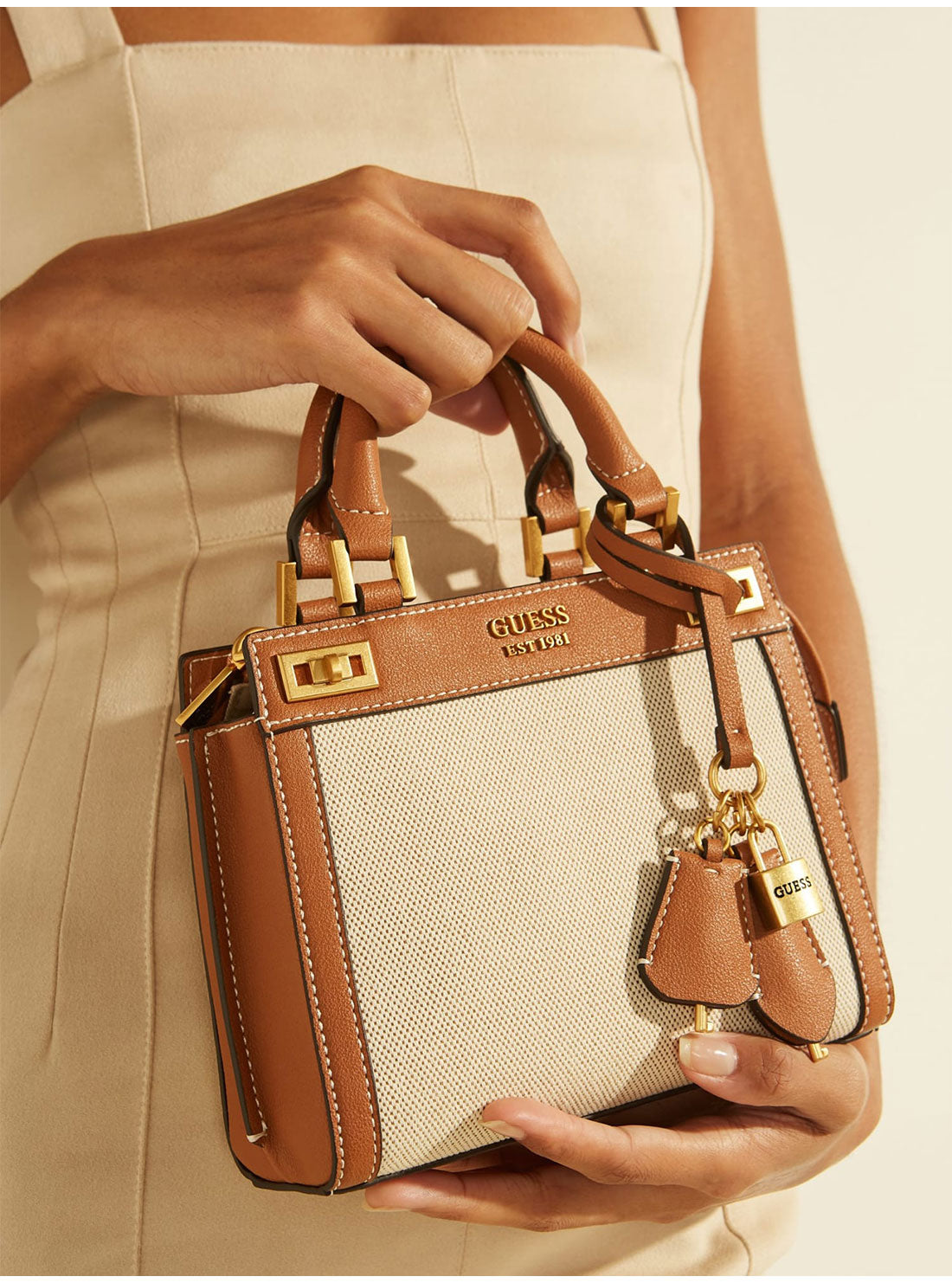 GUESS Womens Natural Cognac Brown Katey Canvas Mini Satchel HA787073 Model View