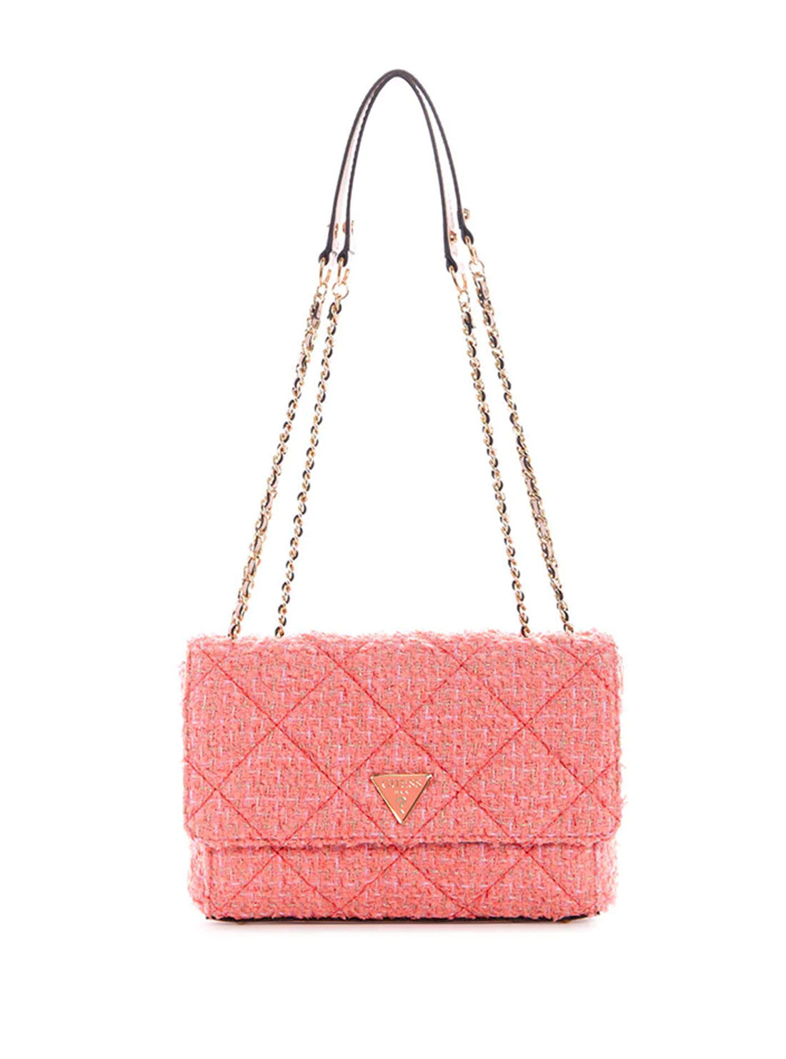 GUESS Womens Coral Pink Tweed Cessily Convertible Crossbody Bag TC767921 Front View