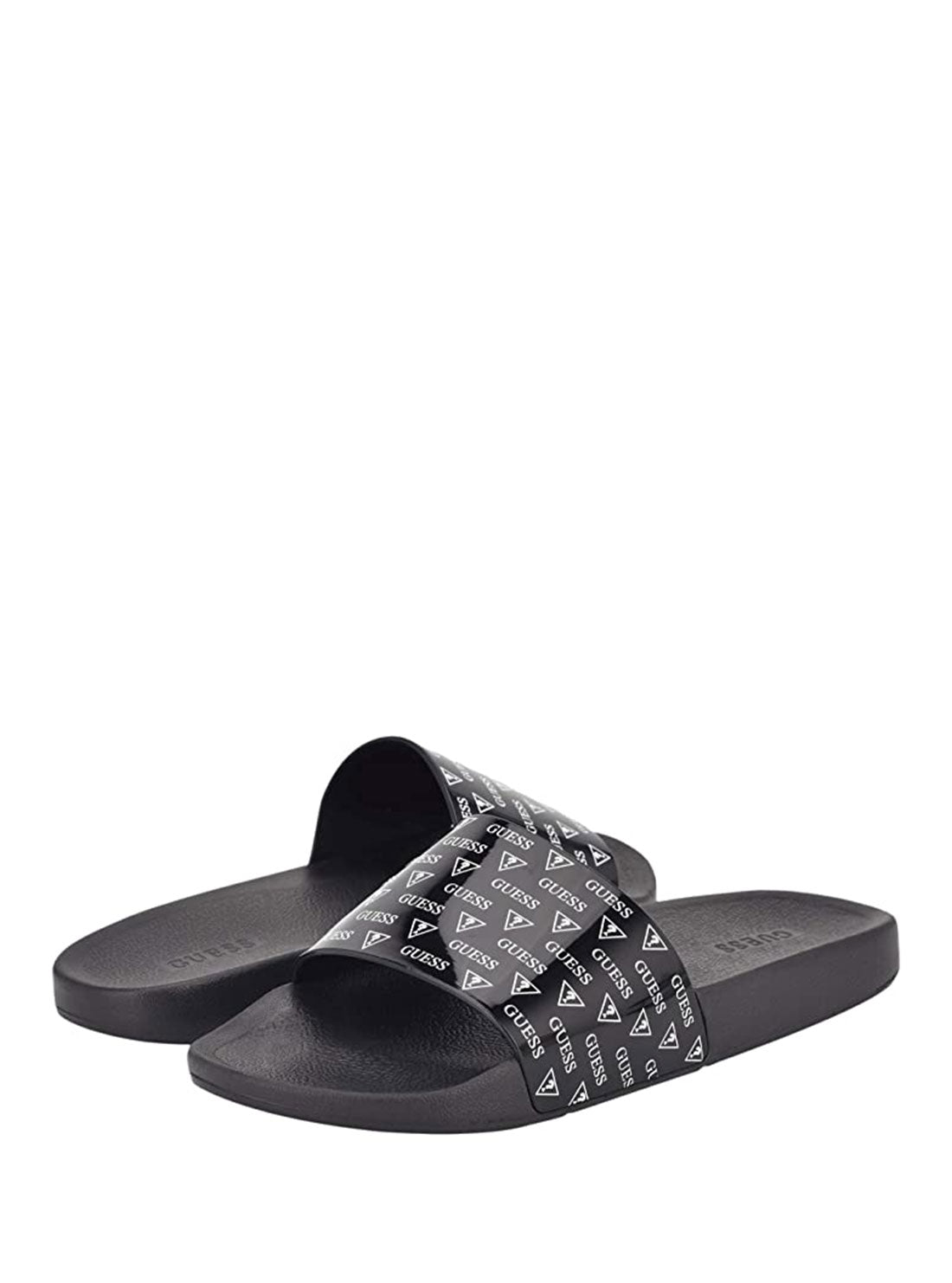 GUESS Men's Black All Over Logo Ester Slides ESTER Front Back View