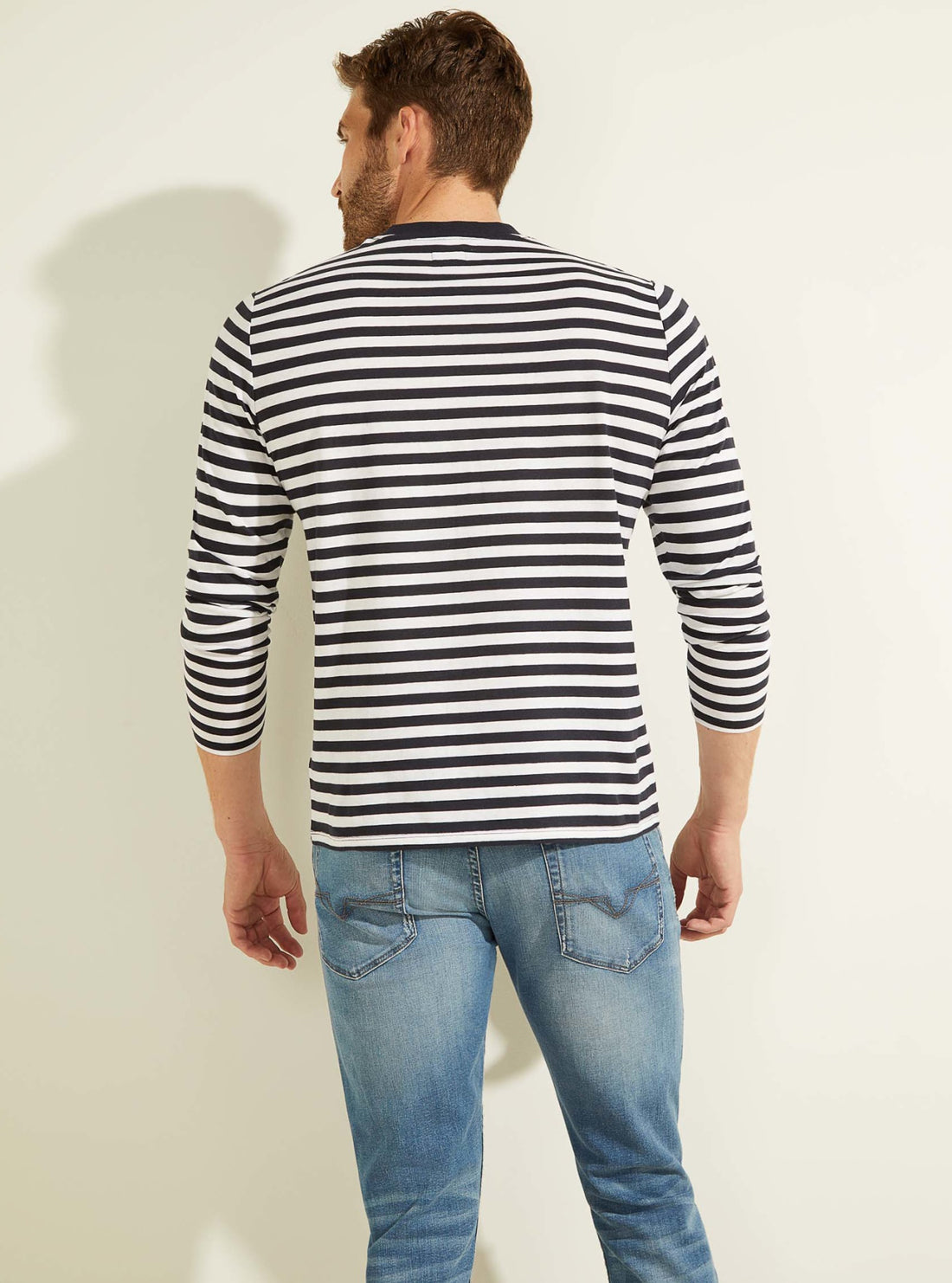 GUESS Mens Navy Anchor Striped Long-Sleeved T-Shirt M1GP05KAPI0 Back View