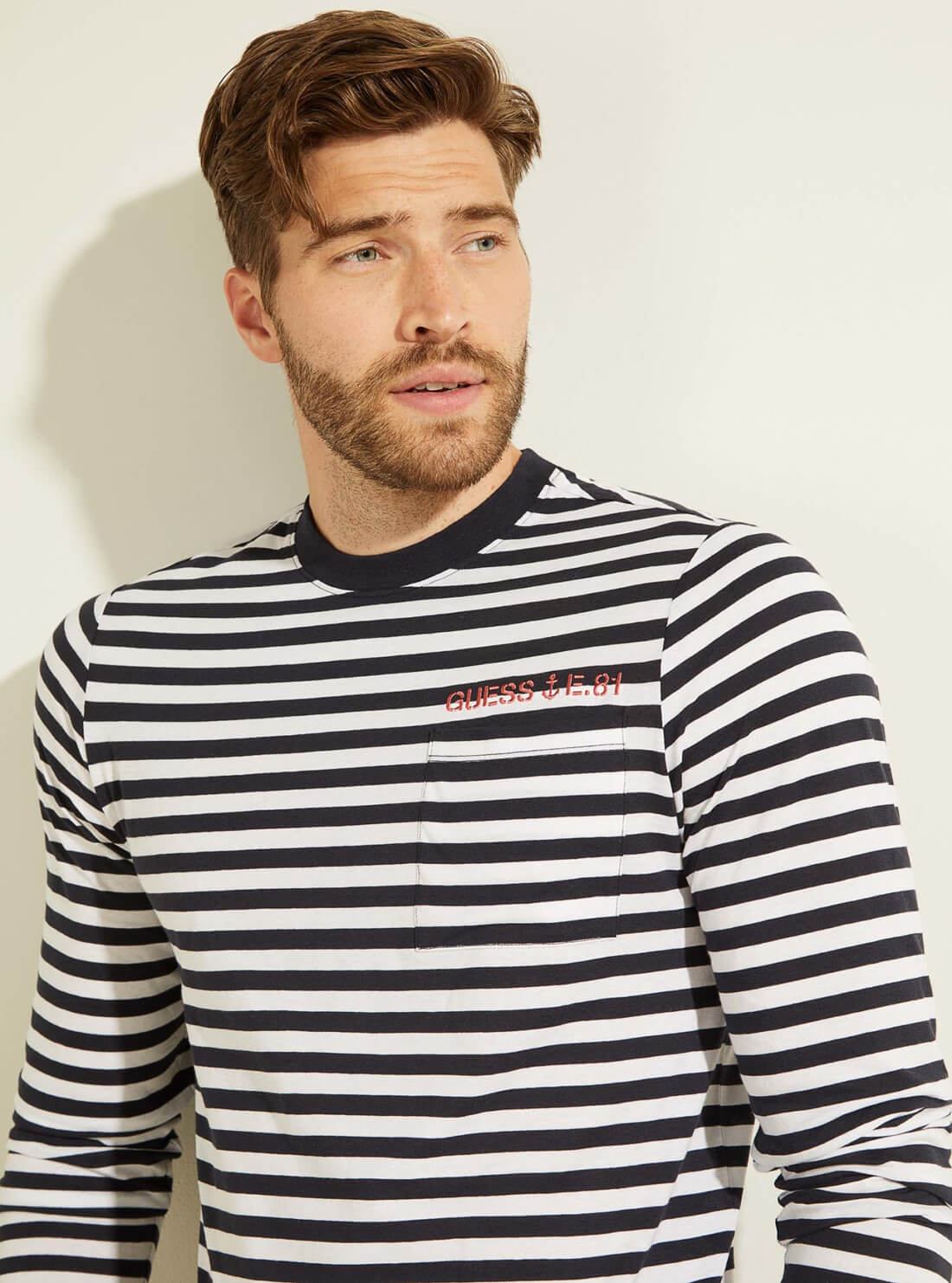 GUESS Mens Navy Anchor Striped Long-Sleeved T-Shirt M1GP05KAPI0 Detail View