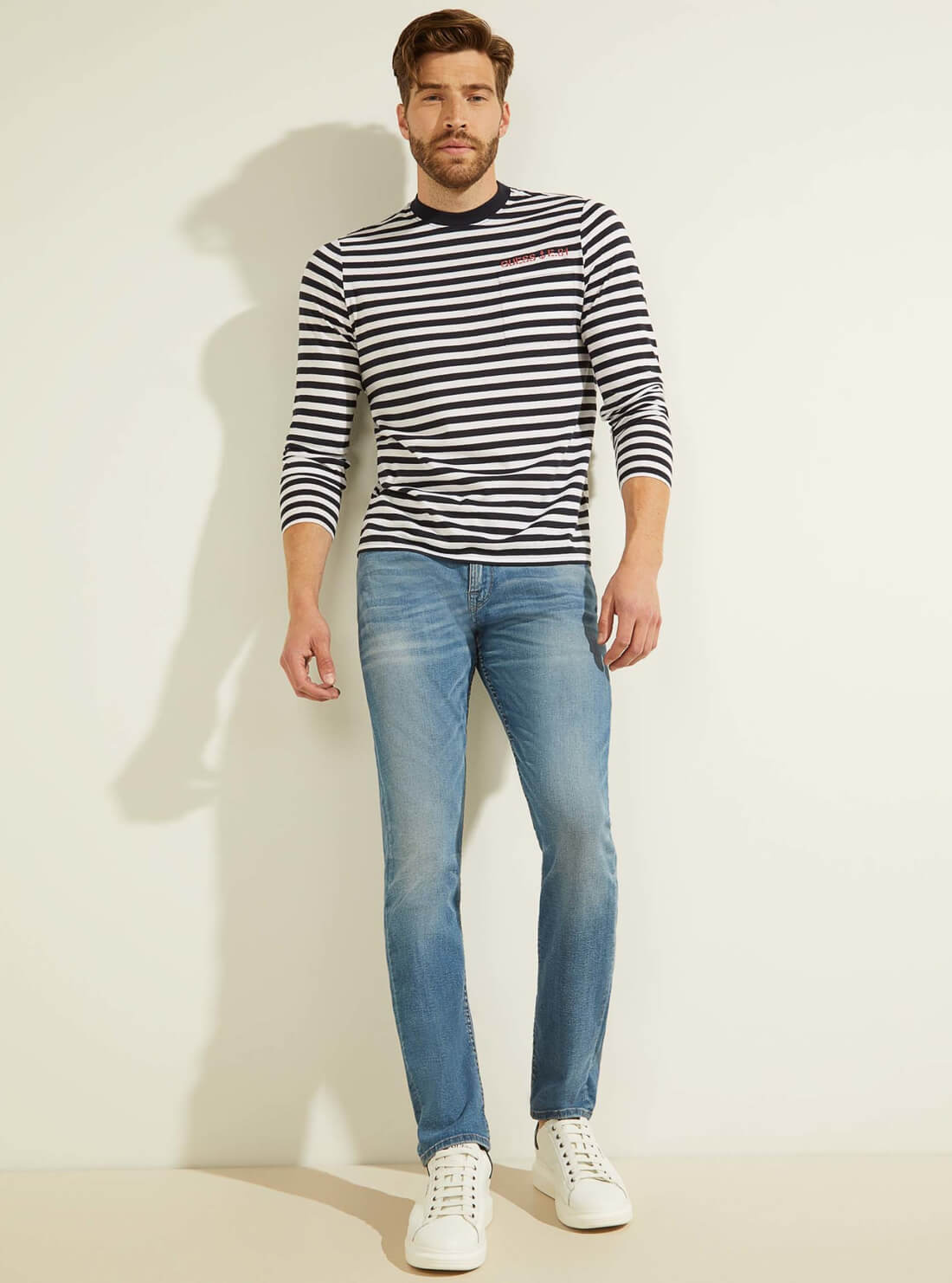 GUESS Mens Navy Anchor Striped Long-Sleeved T-Shirt M1GP05KAPI0 Full View