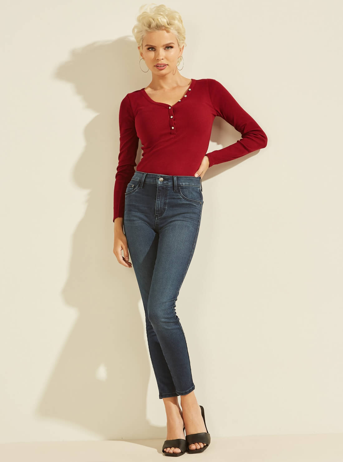 GUESS Womens Eco Deep Red Rhinestone Logo Henley Top W0BP1SR9I51 Full View