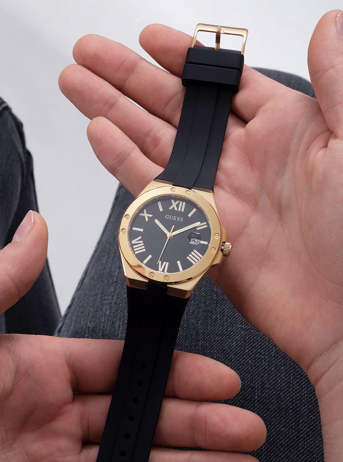 GUESS Mens Black Gold Perspective Watch GW0388G2 Hand View