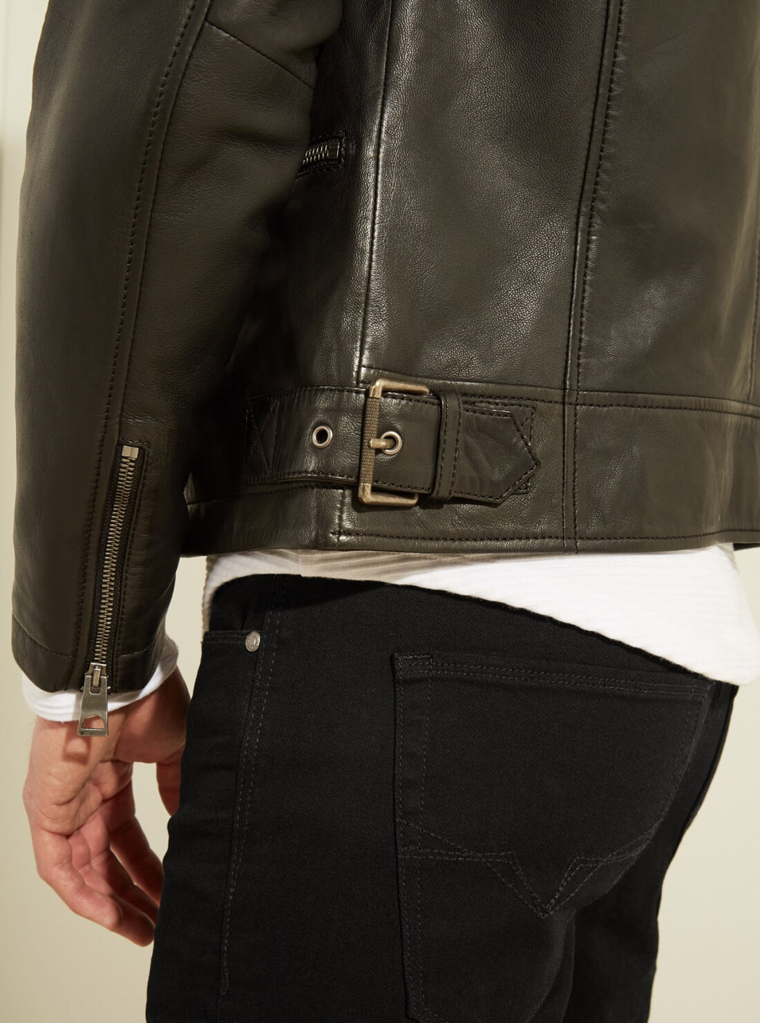 GUESS Black Punk Leather Mens Moto Jacket Close View