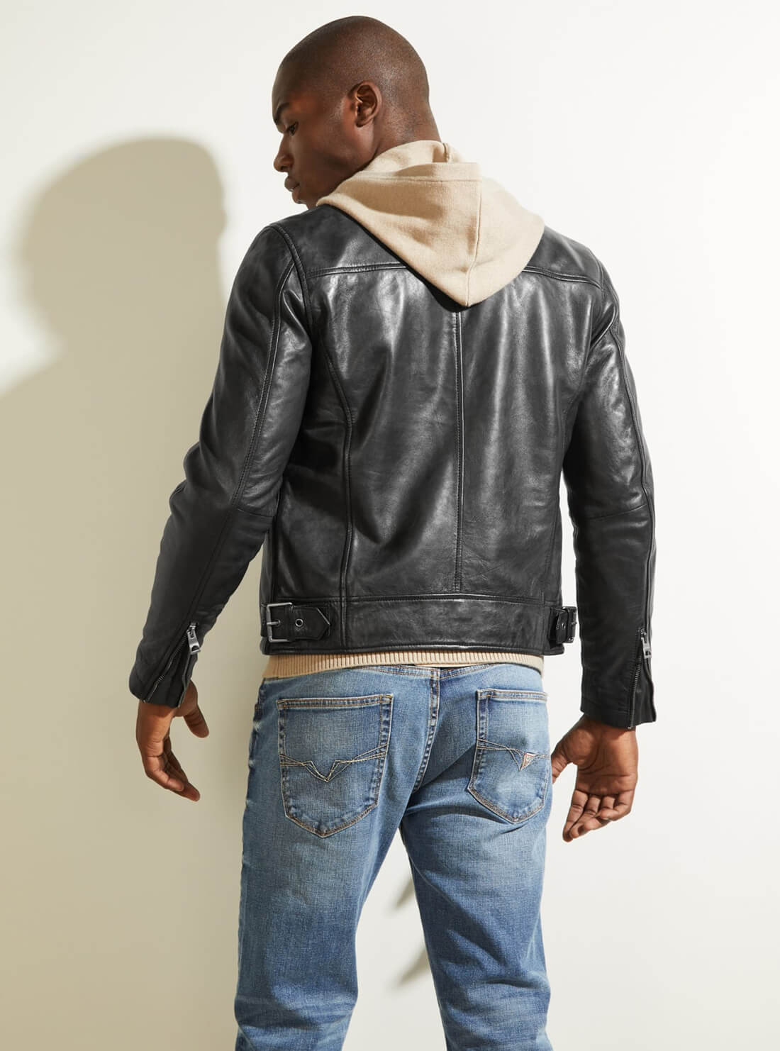 GUESS Black Punk Leather Mens Moto Jacket Model Back View