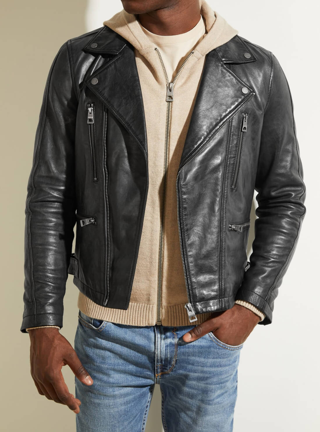 GUESS Black Punk Leather Mens Moto Jacket Model Close View