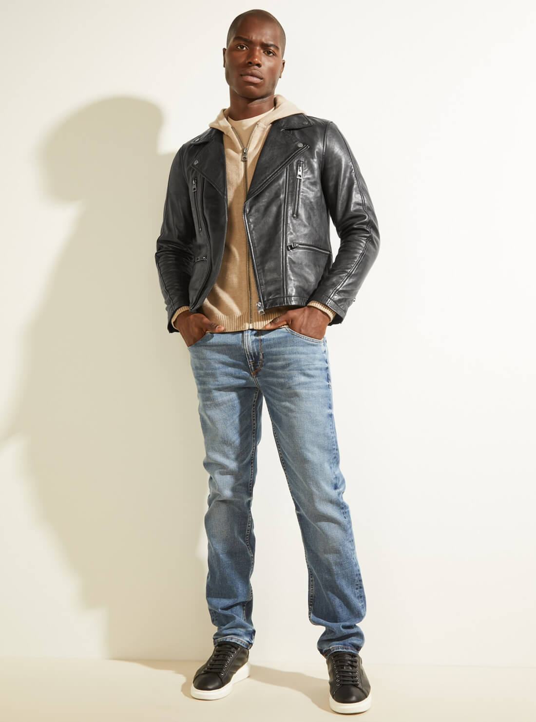 GUESS Black Punk Leather Mens Moto Jacket Model Full View