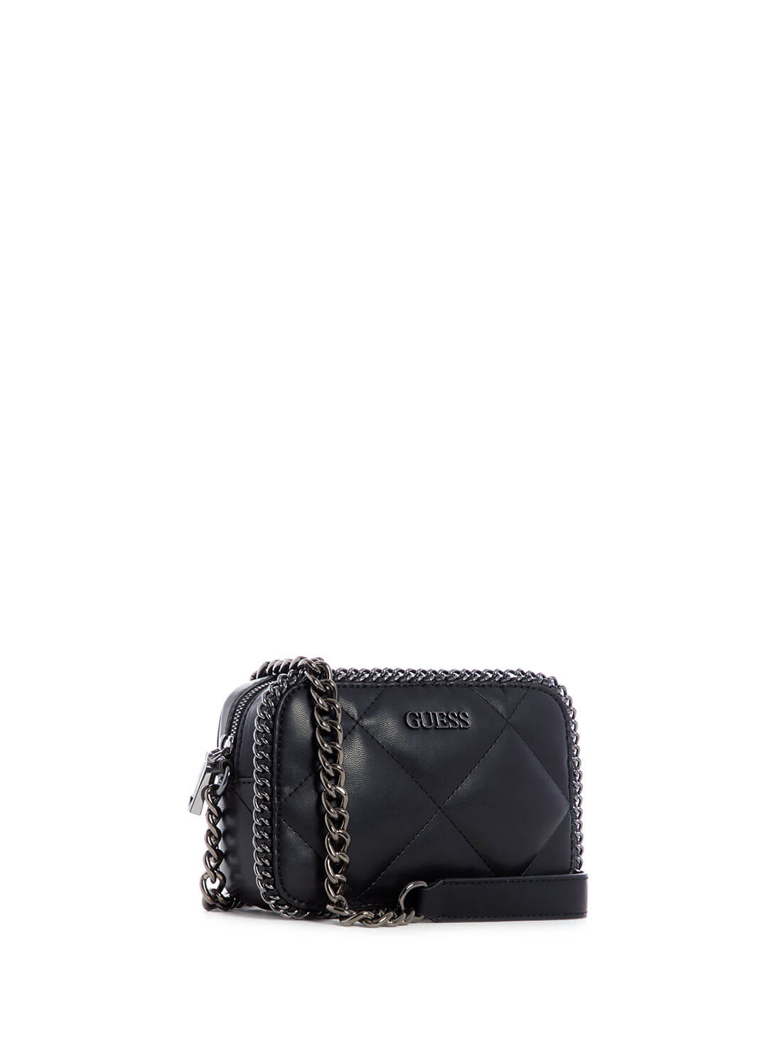 GUESS Womens Black Quilted Khatia Crossbody Camera Bag QM838114 Front Side View
