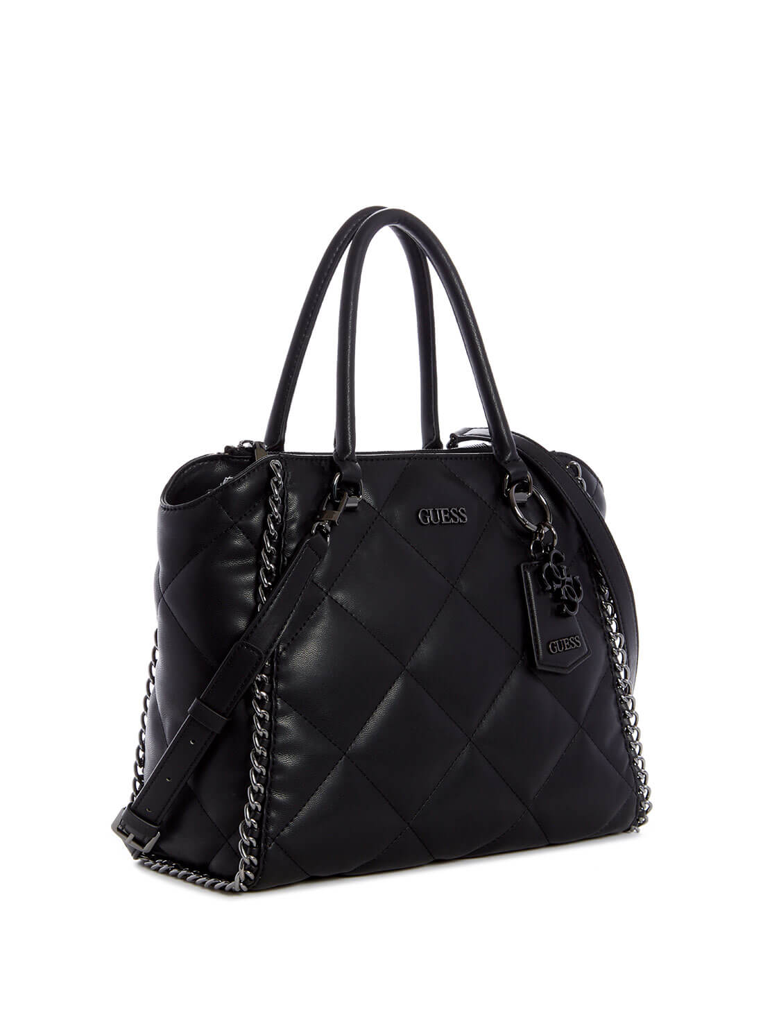 GUESS Womens Black Quilted Khatia Society Satchel QM838107 Front Side View