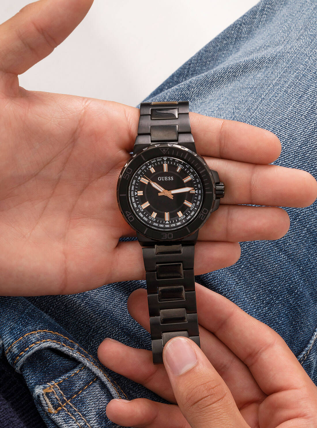 GUESS Mens Black Track Watch GW0426G3 Hand View