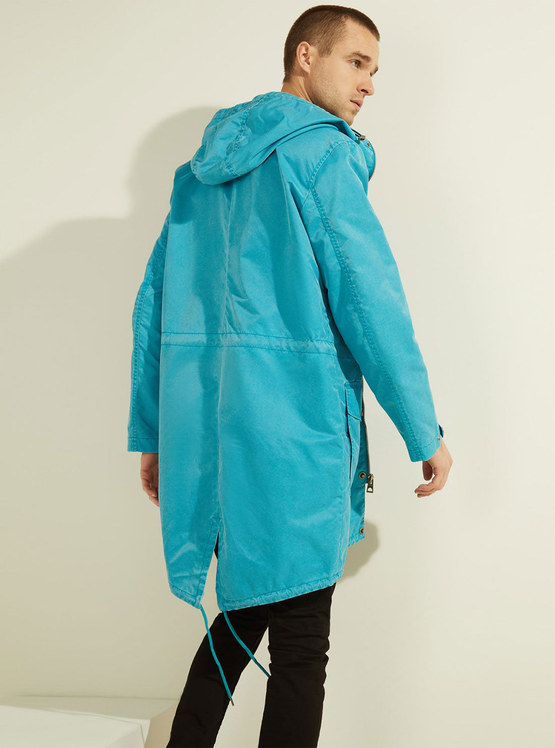 GUESS Mens Blue Fluid Nylon Hoodie Parka Jacket M1GL05RDYD0 Model Back View