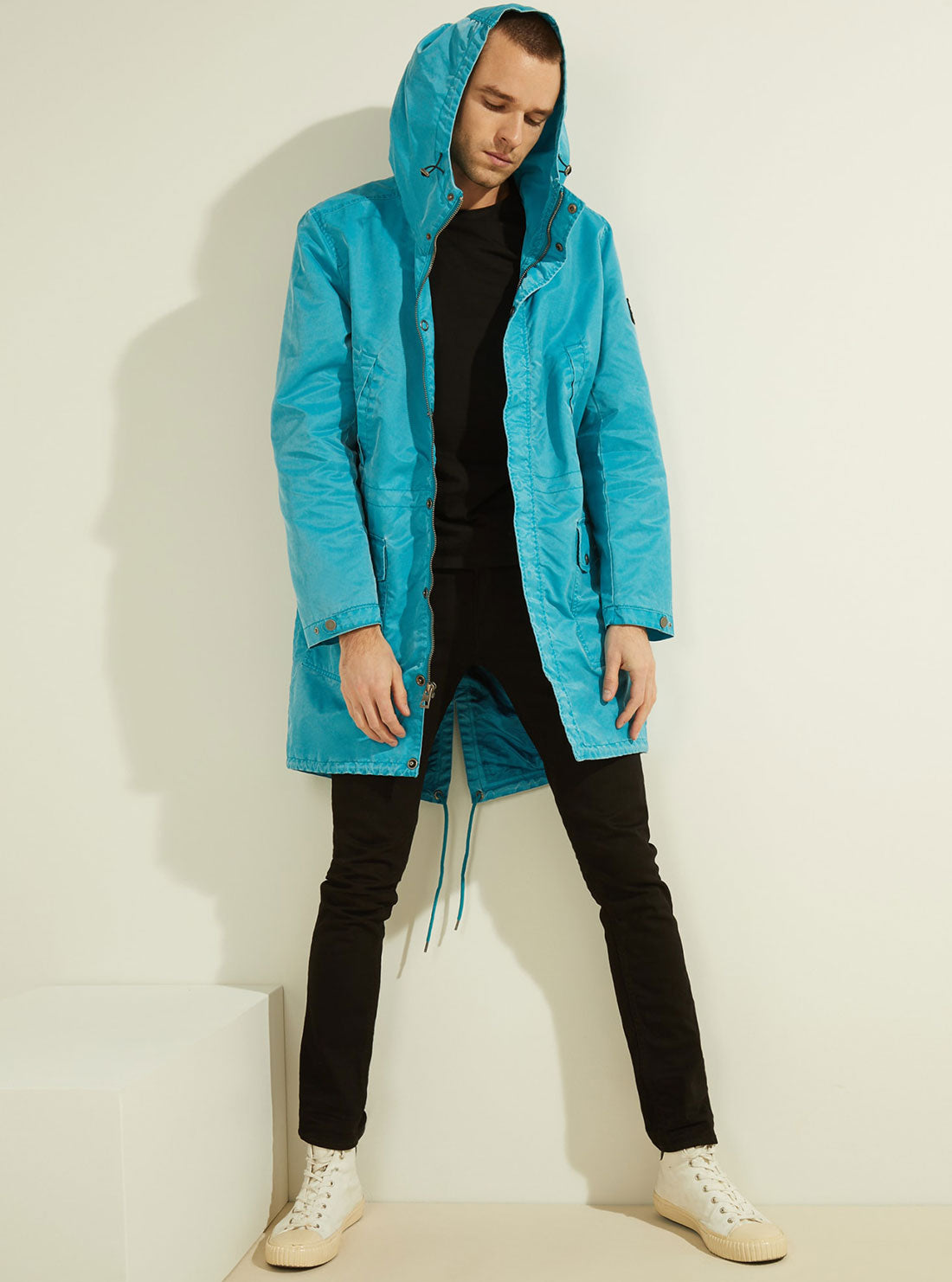GUESS Mens Blue Fluid Nylon Hoodie Parka Jacket M1GL05RDYD0 Model Full View