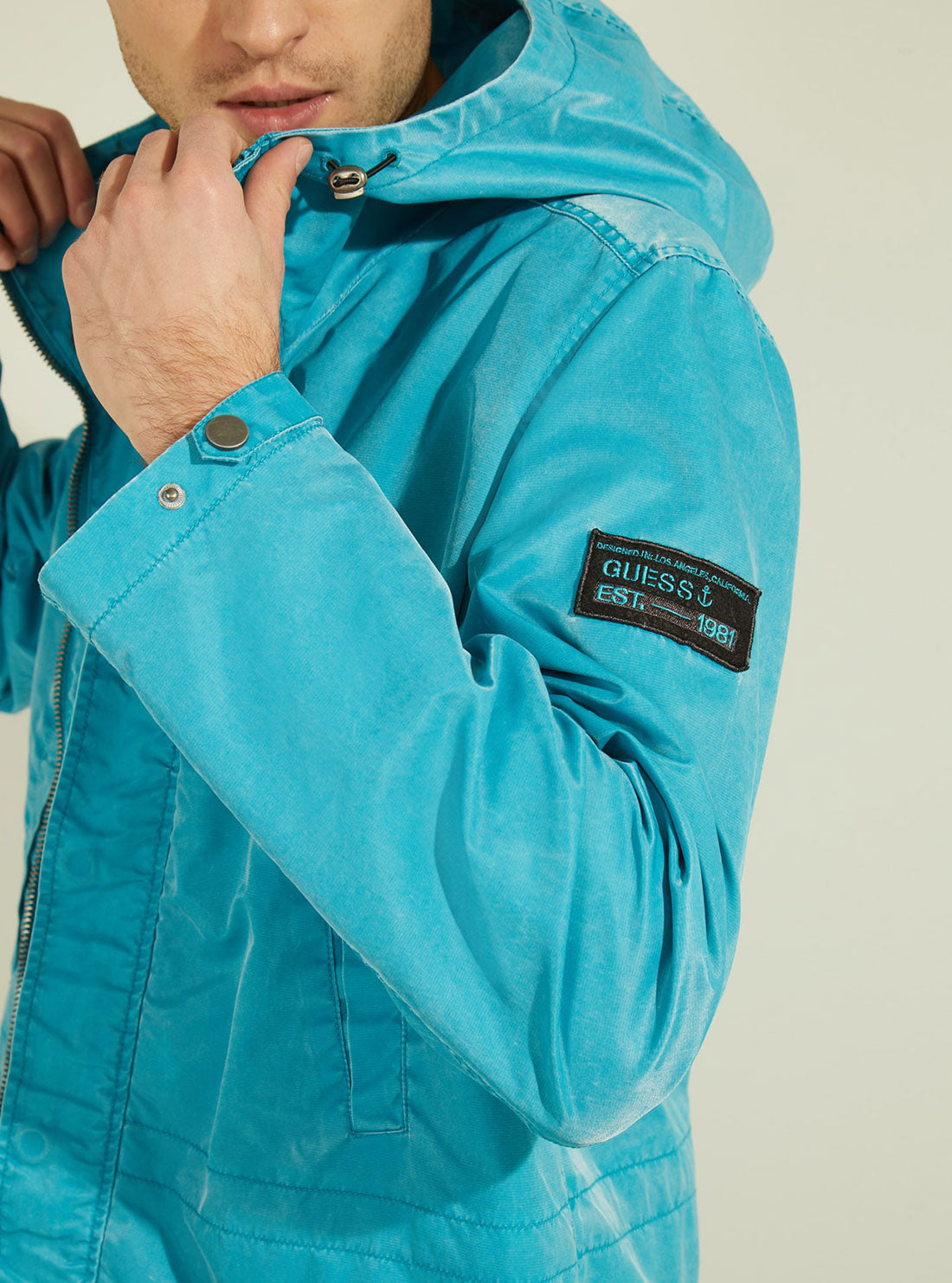 GUESS Mens Blue Fluid Nylon Hoodie Parka Jacket M1GL05RDYD0 Model Detail View