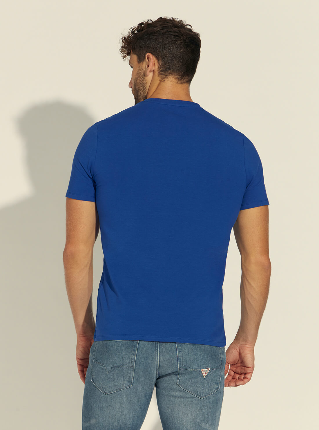 GUESS Blue Maya Dripping Logo Mens Tee Back Model View