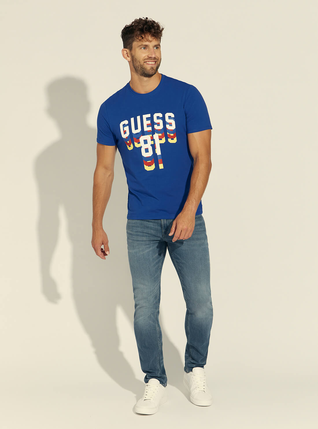 GUESS Blue Maya Dripping Logo Mens Tee Full Model View
