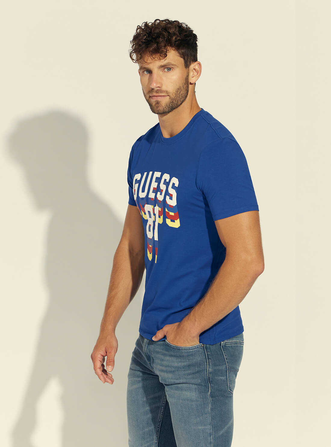 GUESS Blue Maya Dripping Logo Mens Tee Side Model View