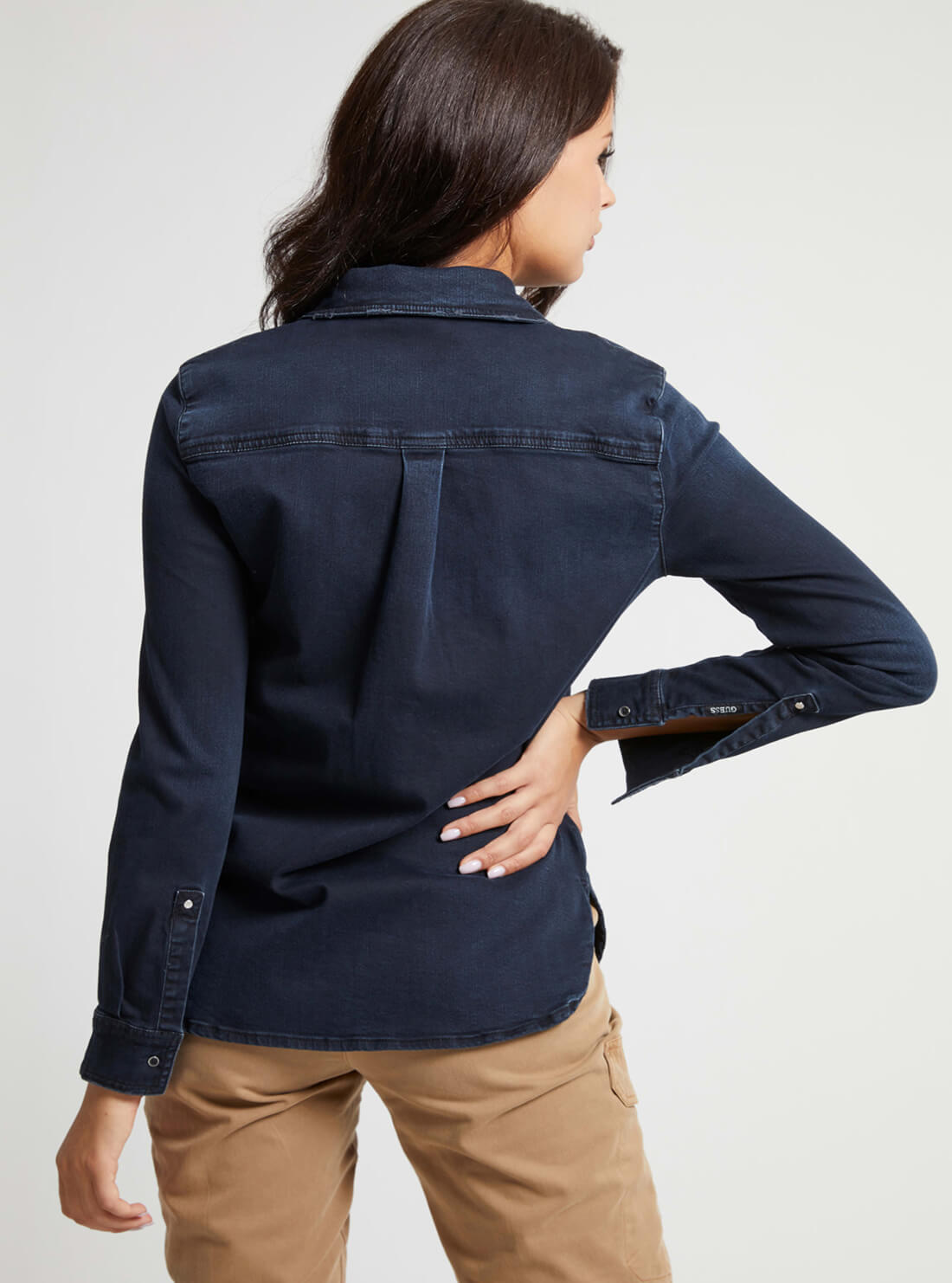 GUESS Womens Denim Sexy Western Shirt In Dark Blue Wash GUESS Womens Denim Sexy Western Shirt In Dark Blue Wash W1BH14D4HL1 Back ViewFront View