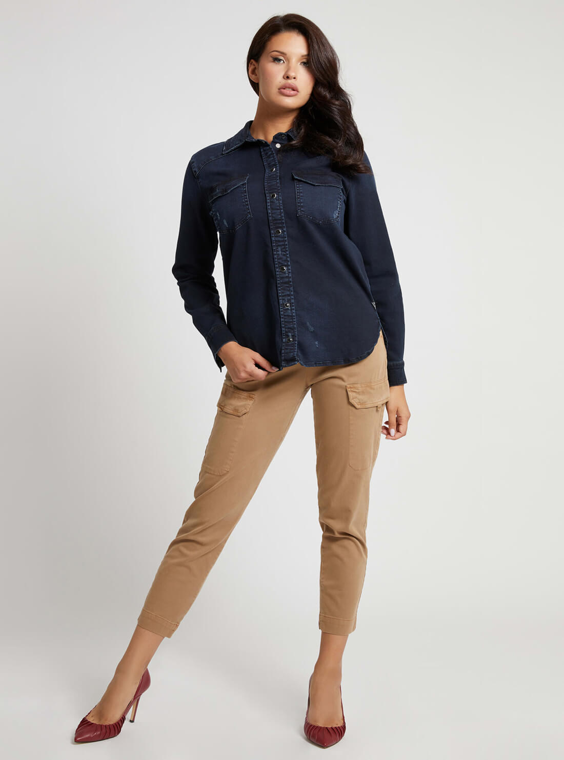 GUESS Womens Denim Sexy Western Shirt In Dark Blue Wash W1BH14D4HL1 Full View