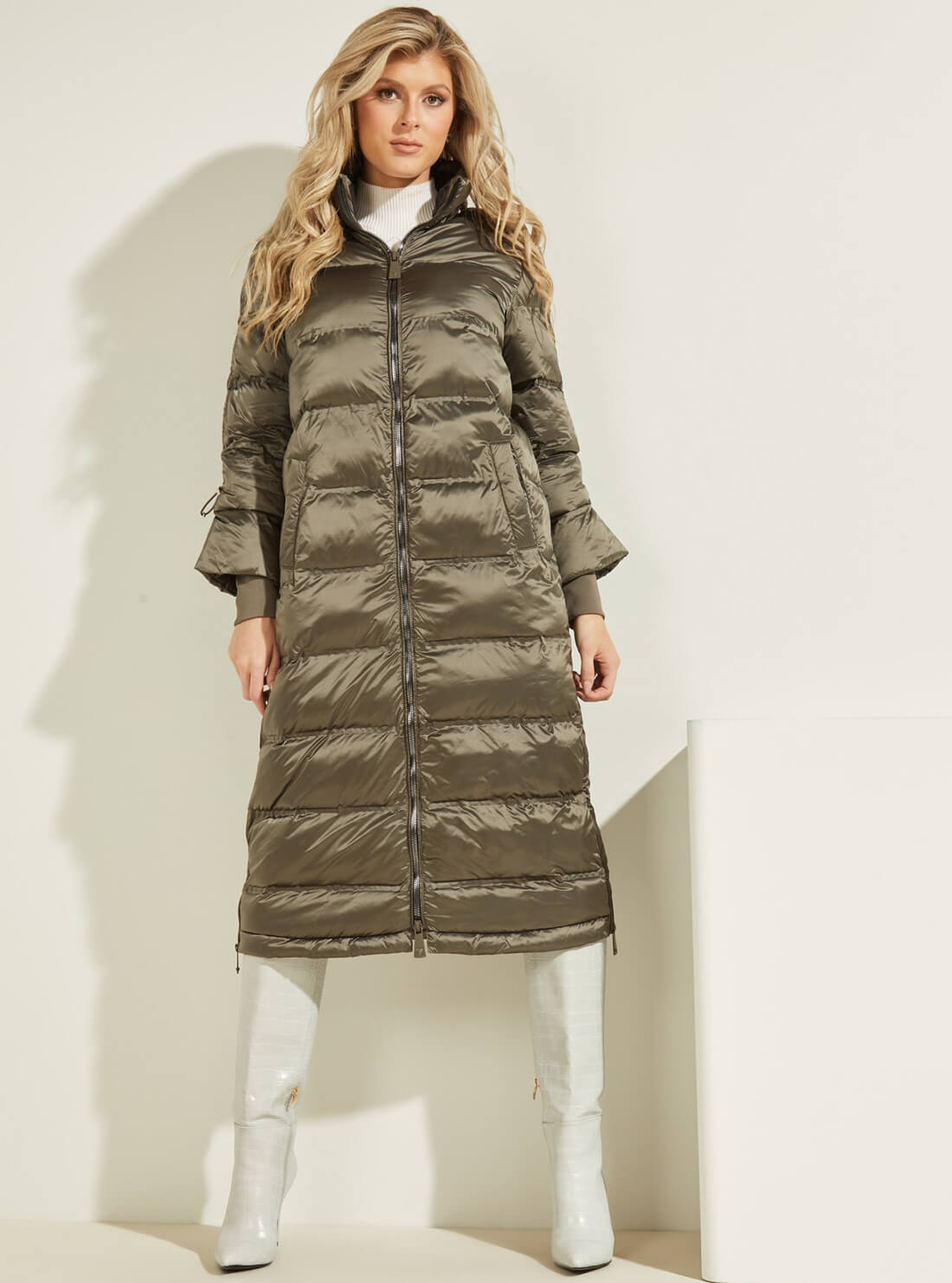 GUESS Womens Khaki Green Brunella Longline Puffer Jacket W1BL29WE4N0 Full Front View