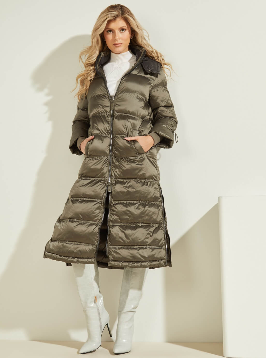 GUESS Womens Khaki Green Brunella Longline Puffer Jacket W1BL29WE4N0 Zip Front View