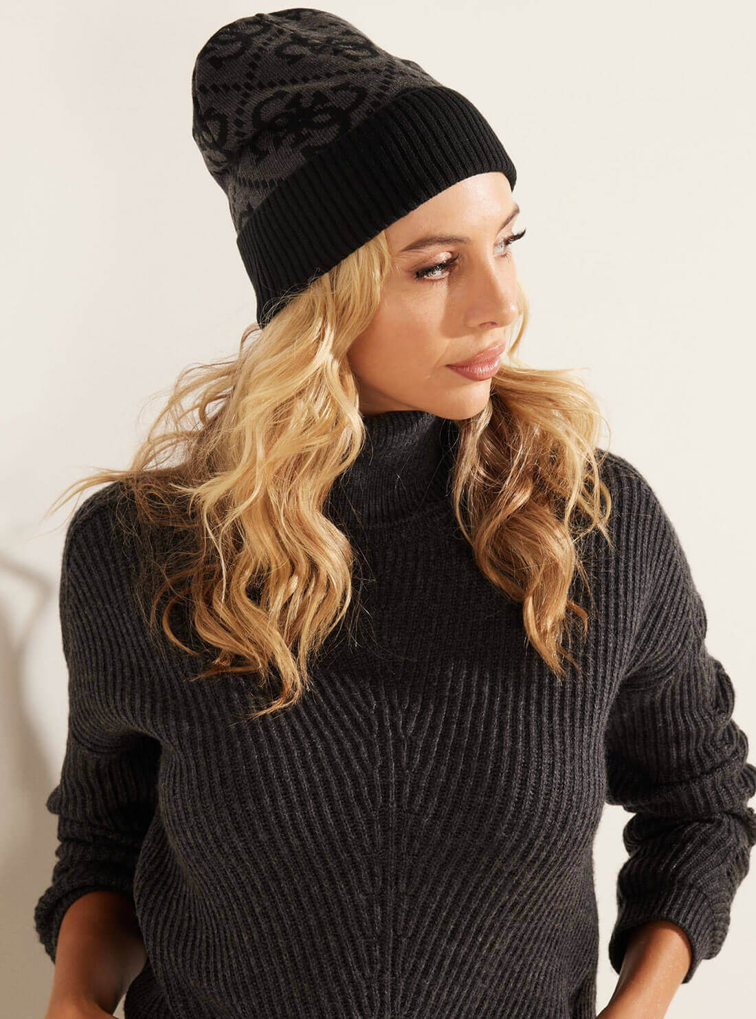 GUESS Women's Black Jacquard Quattro G Logo Cuff Beanie 110542 Lifestyle View