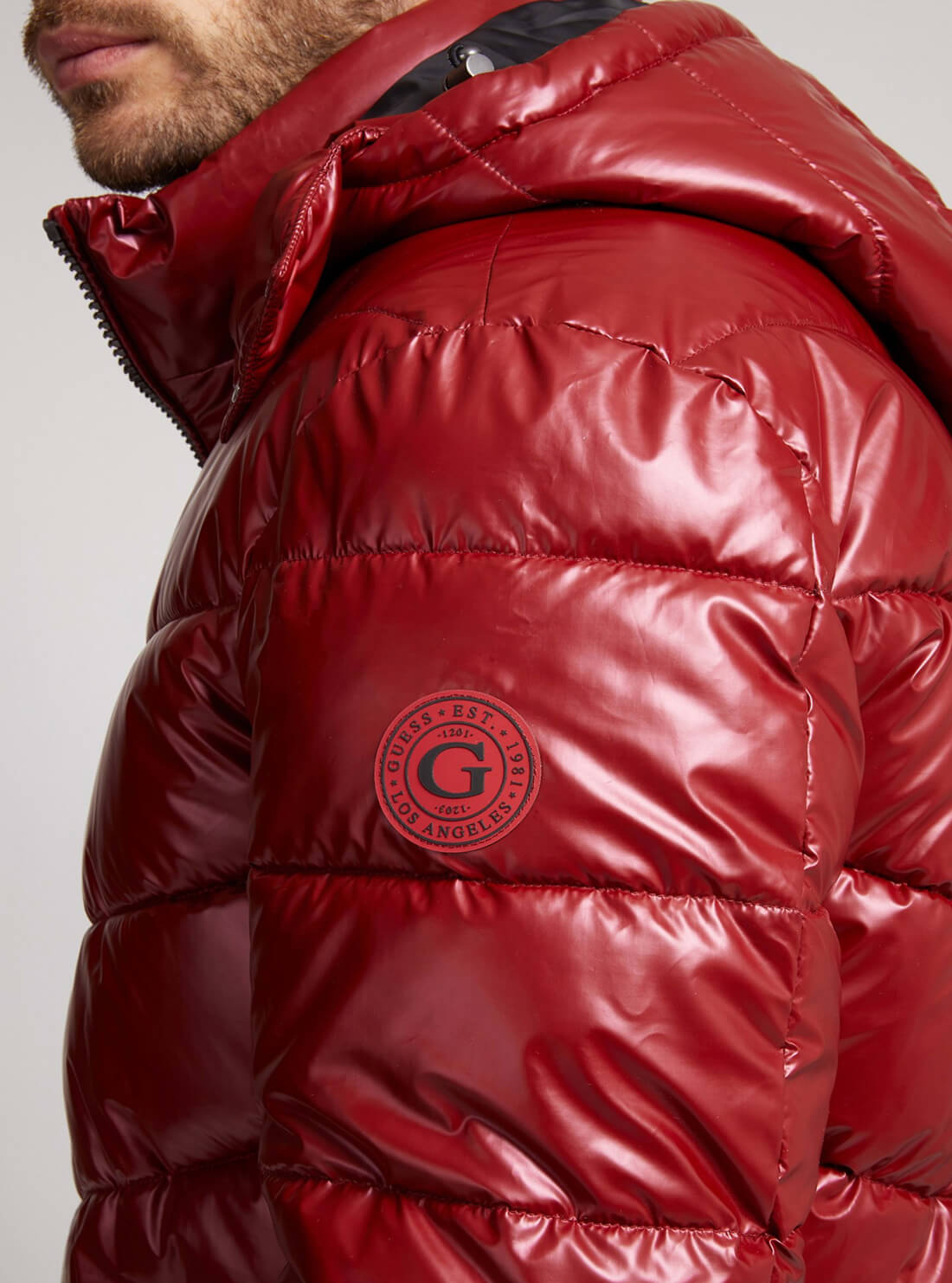 GUESS Mens Red Metal Space Puffer Jacket M1BL25WEA20 Detail View