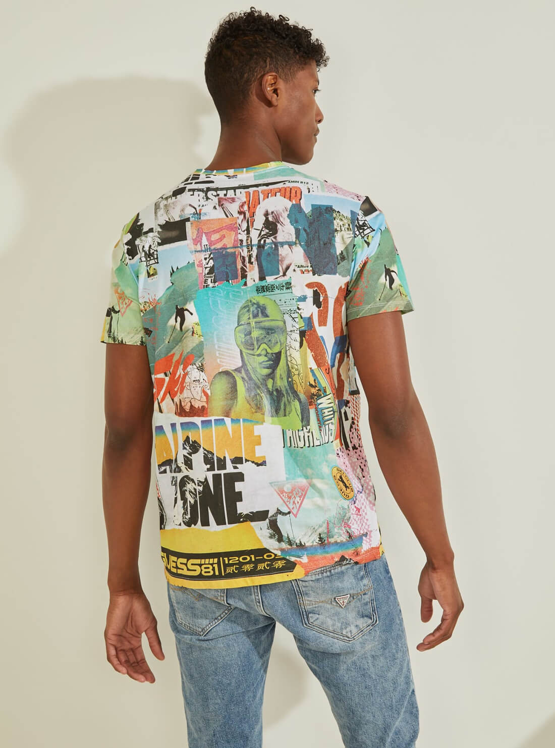GUESS Mens Collage Poster Print T-Shirt MBBI41K8HA2 Back View