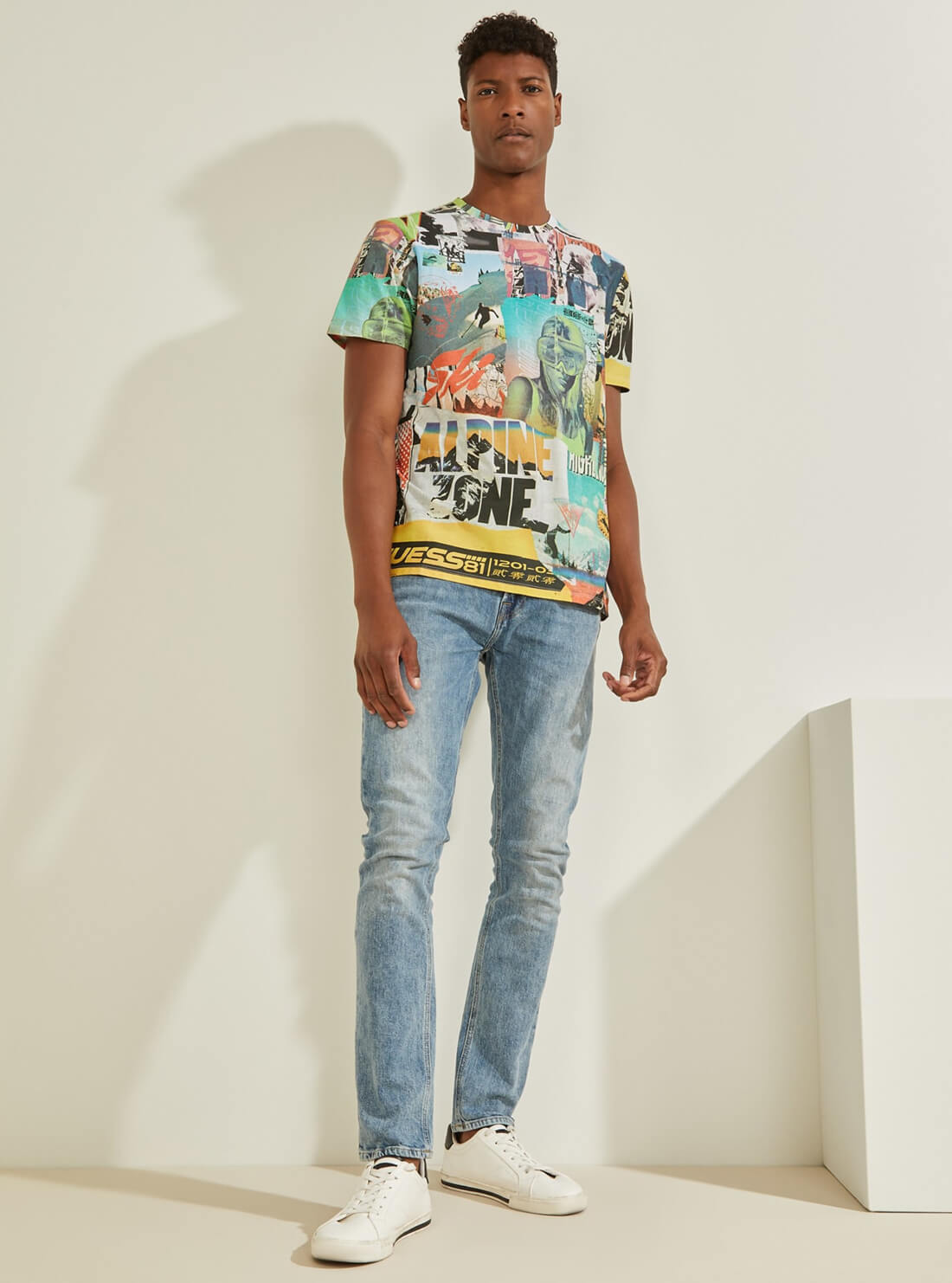 GUESS Mens Collage Poster Print T-Shirt MBBI41K8HA2 Full View